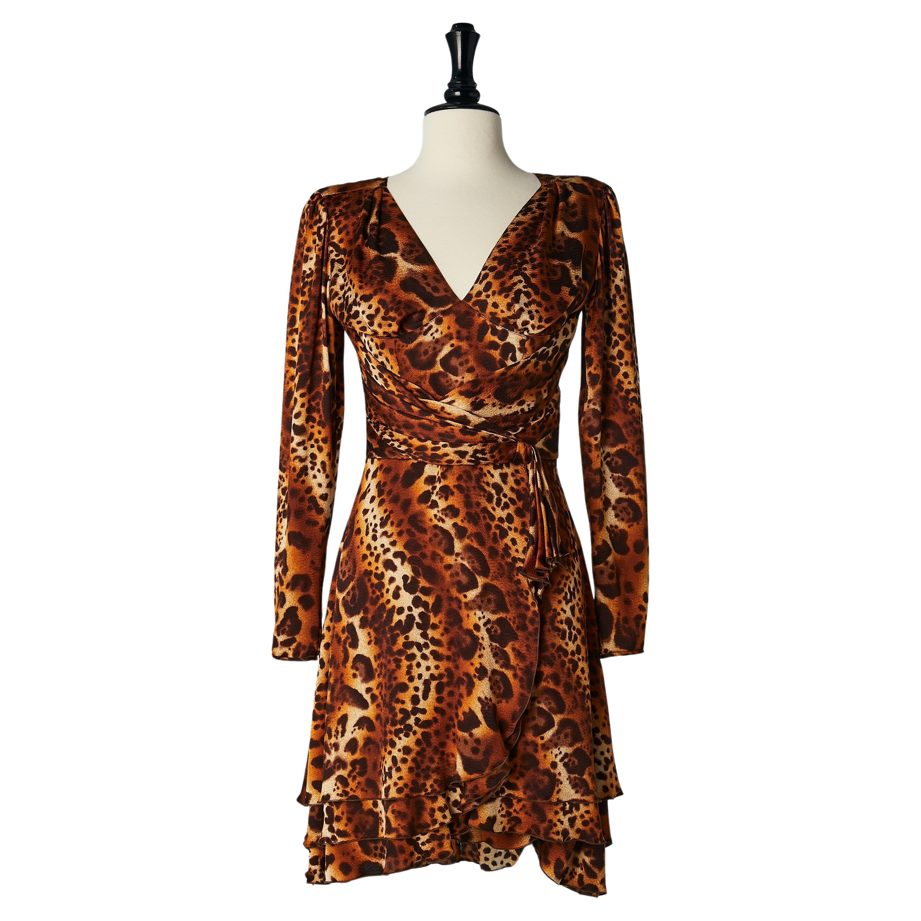 Silk leopard wrapped dress with drape waist Emanuel Ungaro Parallèle Circa 1980 For Sale