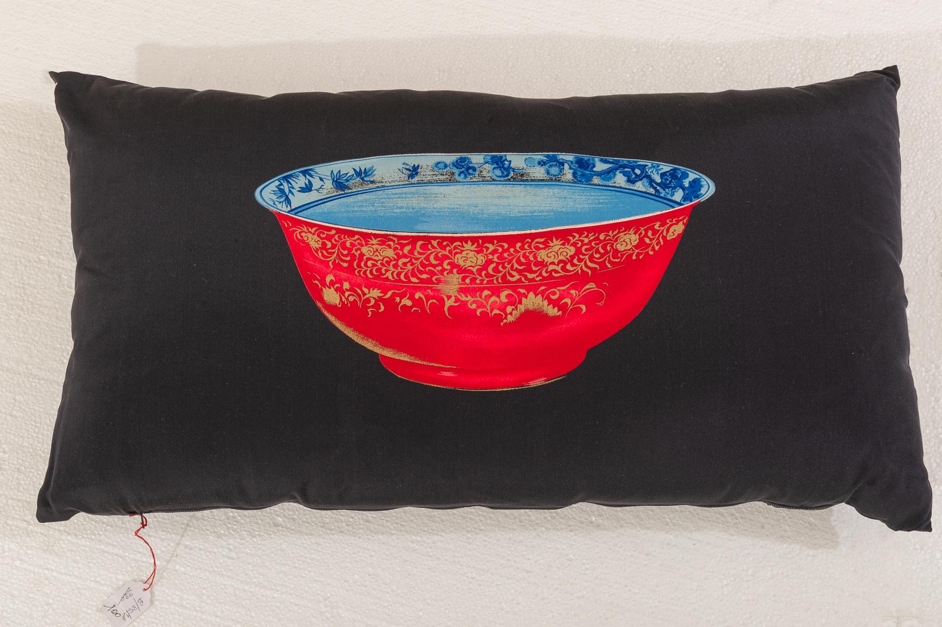 Refer. B/35 - 1 - 
Silk cushion in horizontal stripe with an elegant Chinese bowl, designed by Italian architect Giovanni Patrini.
I have another one, vertical size and other color, that I mounted in a red frame: it's published on 1stdibs 