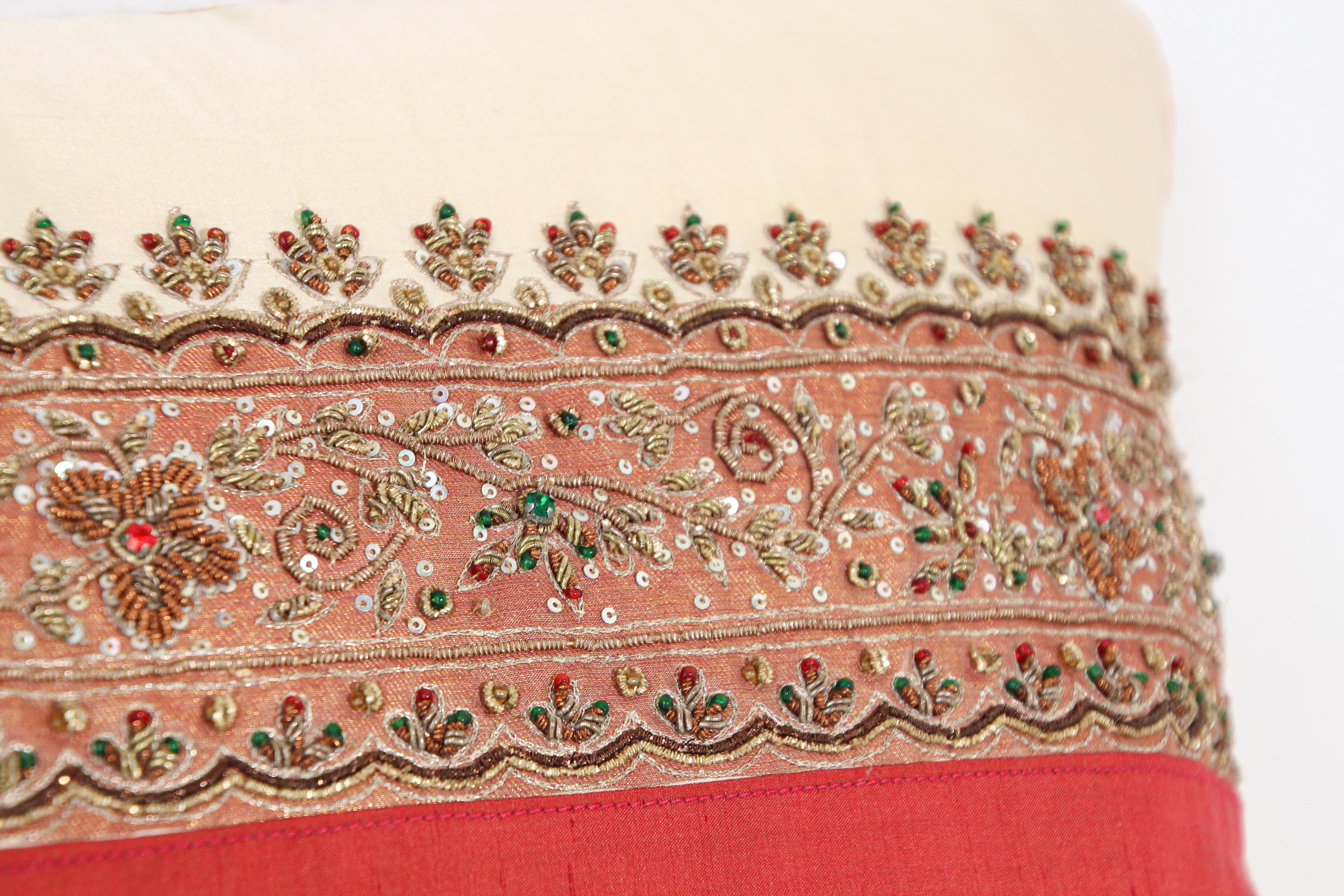 Hand-Crafted Silk Lumbar Pillow Embellished with Beads, India For Sale