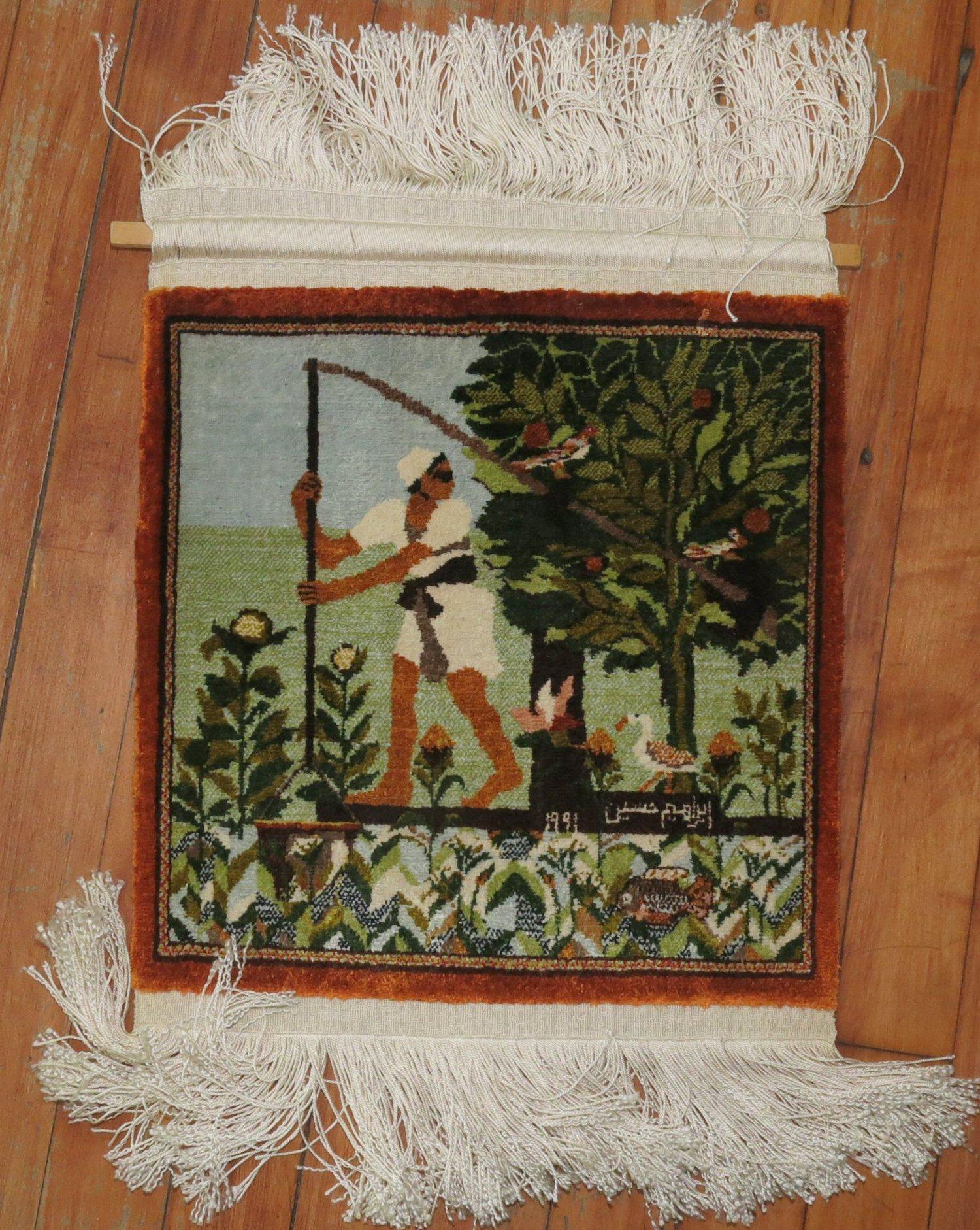 Silk Persian rug with a man holding a stick with 2 birds hanging on. A Duck is right behind. Signed by weaver, dated 1991. The fringes are quite long. Can be trimmed if needed.
Measures: 13” x 13”.