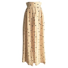 Silk Maxi Long Skirt Light Beige Black Hearts 70s