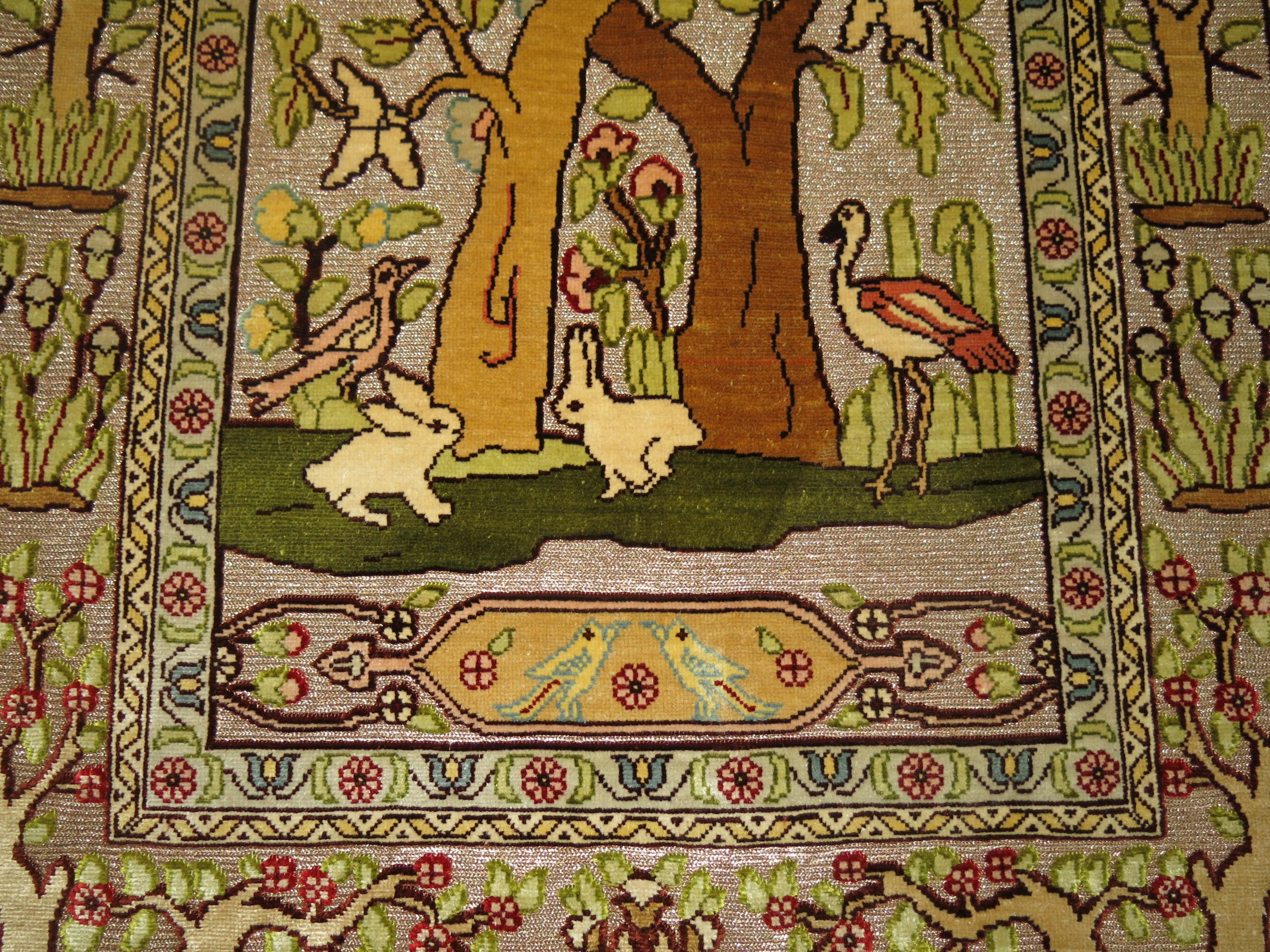 Folk Art Silk Metallic Turkish Hereke Pictorial Rug
