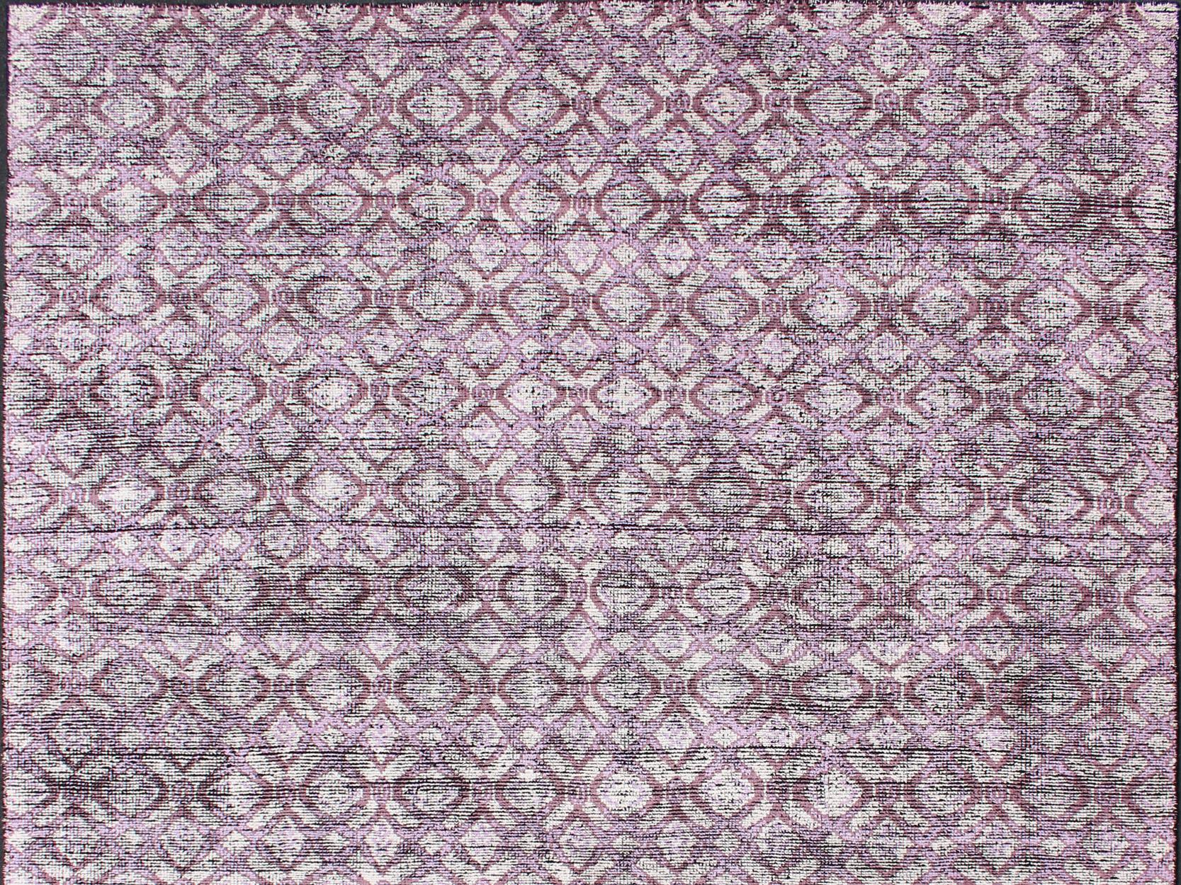 Multi shades of white, cream, light purple, and gray with charcoal foundation showing in this unique modern distressed piled rug. Silk Modern Distressed Rug in Light Purple by Keivan Woven Arts  rug KHN-1024-ARI-13, country of origin / type: India /