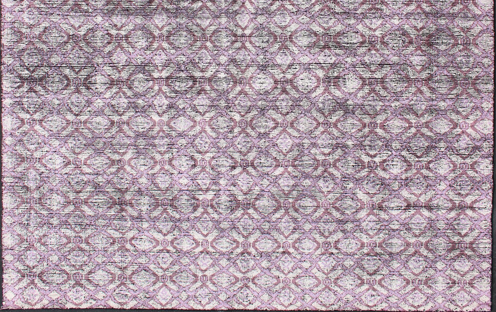 Indian Silk Modern Distressed Rug in Light Purple, Gray and White For Sale
