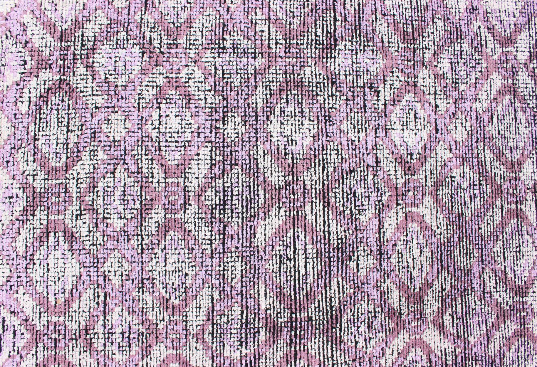Hand-Knotted Silk Modern Distressed Rug in Light Purple, Gray and White For Sale