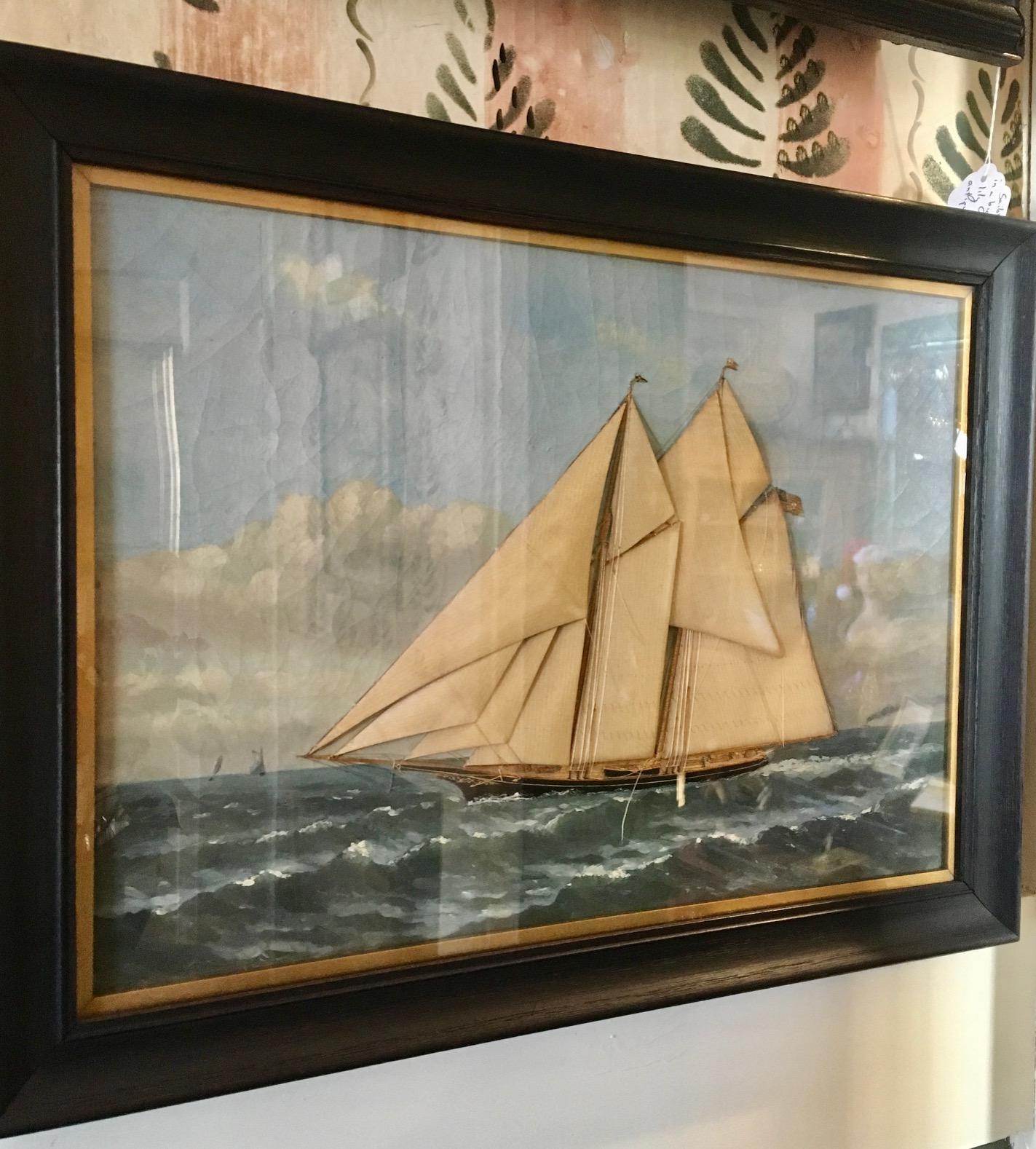 Embroidered Silk Mounted Oil on Canvas Seascape by Thomas Willis, circa 1880