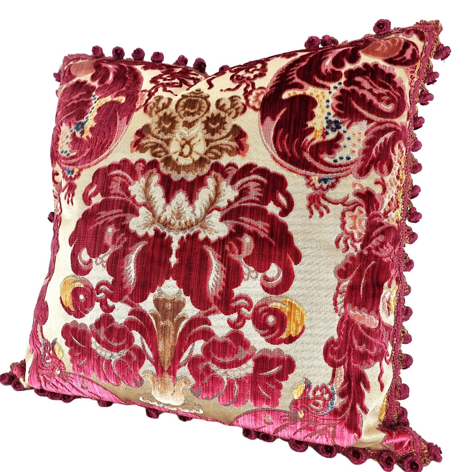 Italian Silk Multicolored Velvet Pillow Luigi Bevilacqua Red Fioroni Pattern