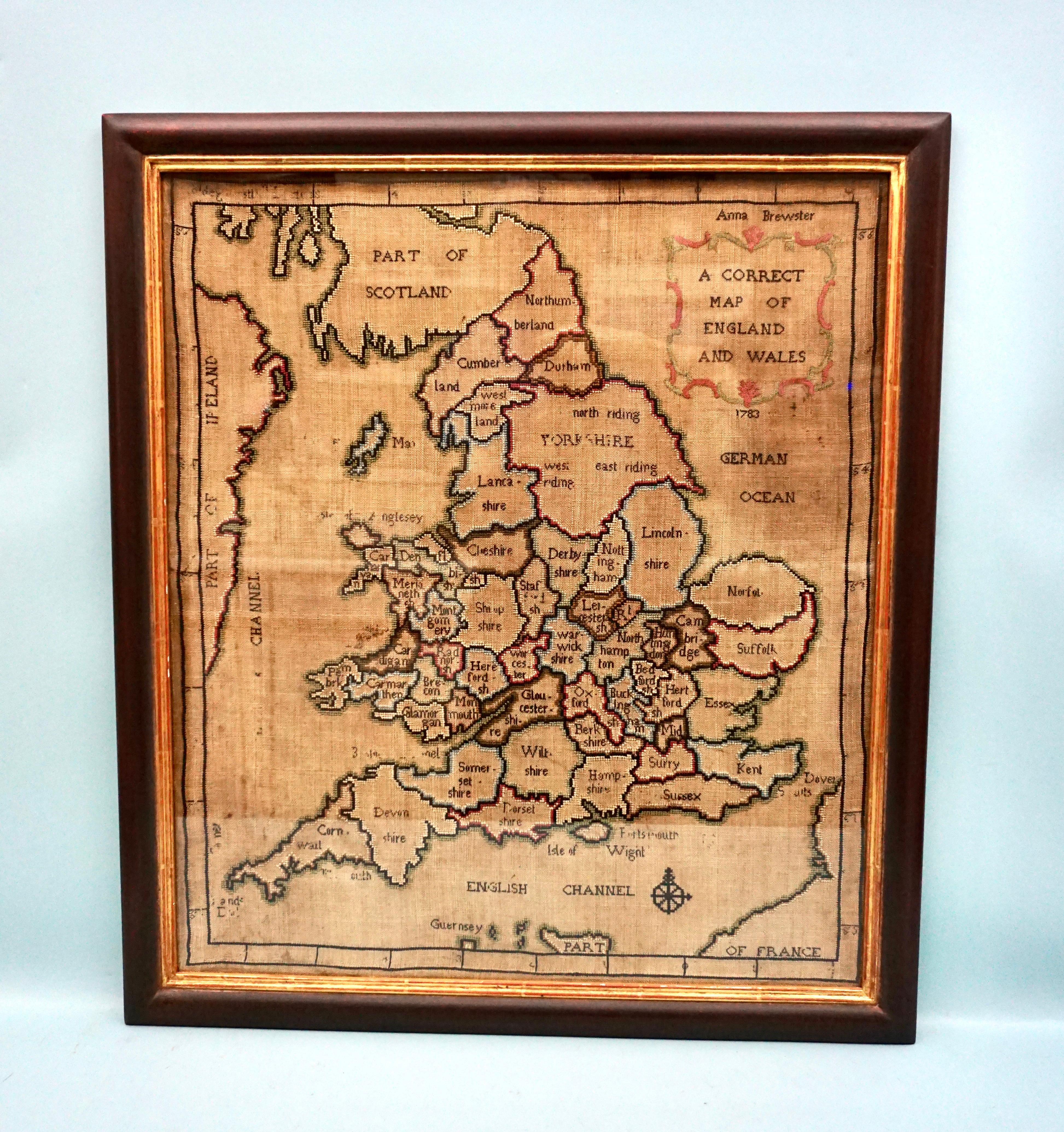 Silk Needlework Map of England and Wales Signed Anna Brewster Dated 1783 5
