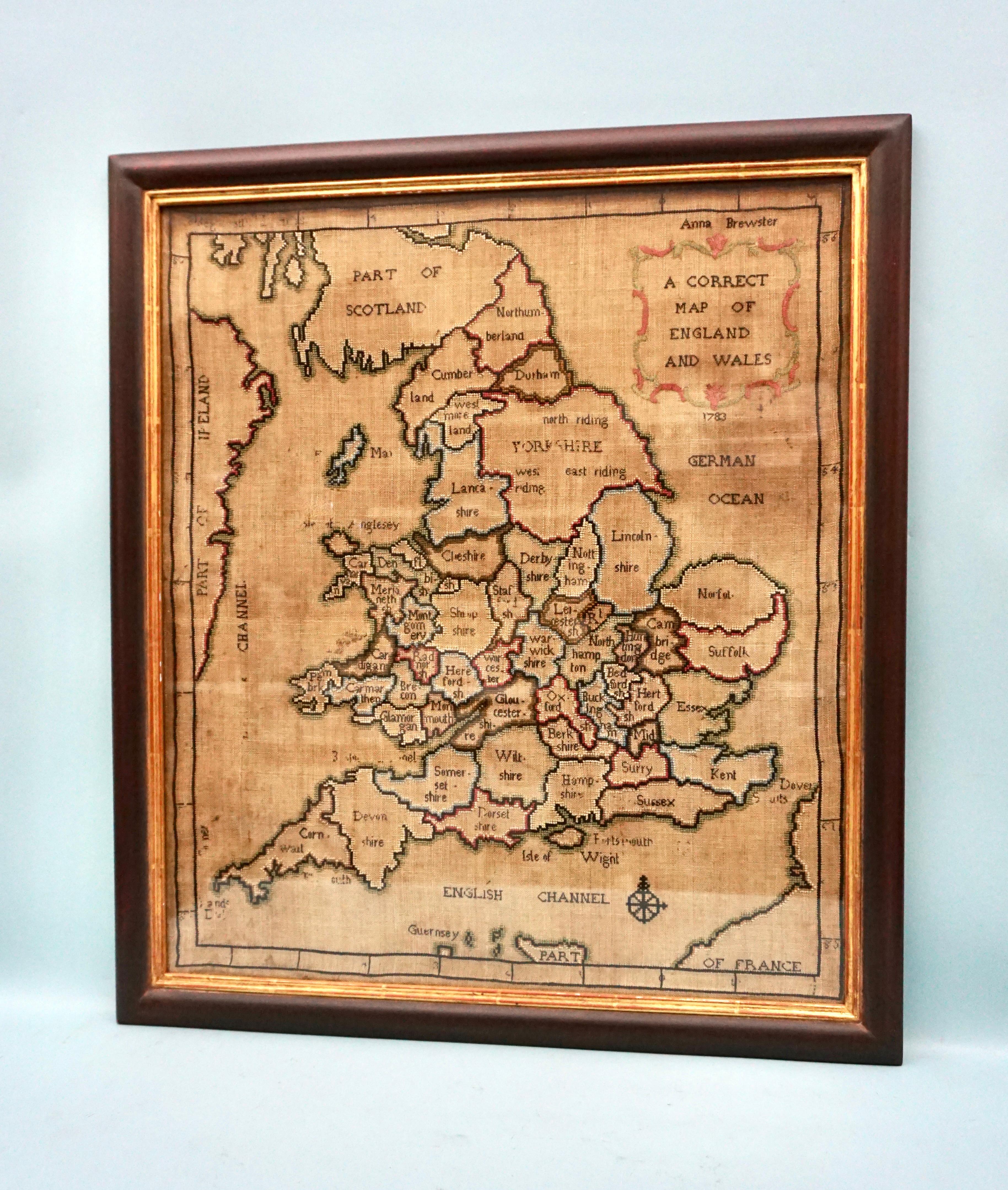 Georgian Silk Needlework Map of England and Wales Signed Anna Brewster Dated 1783