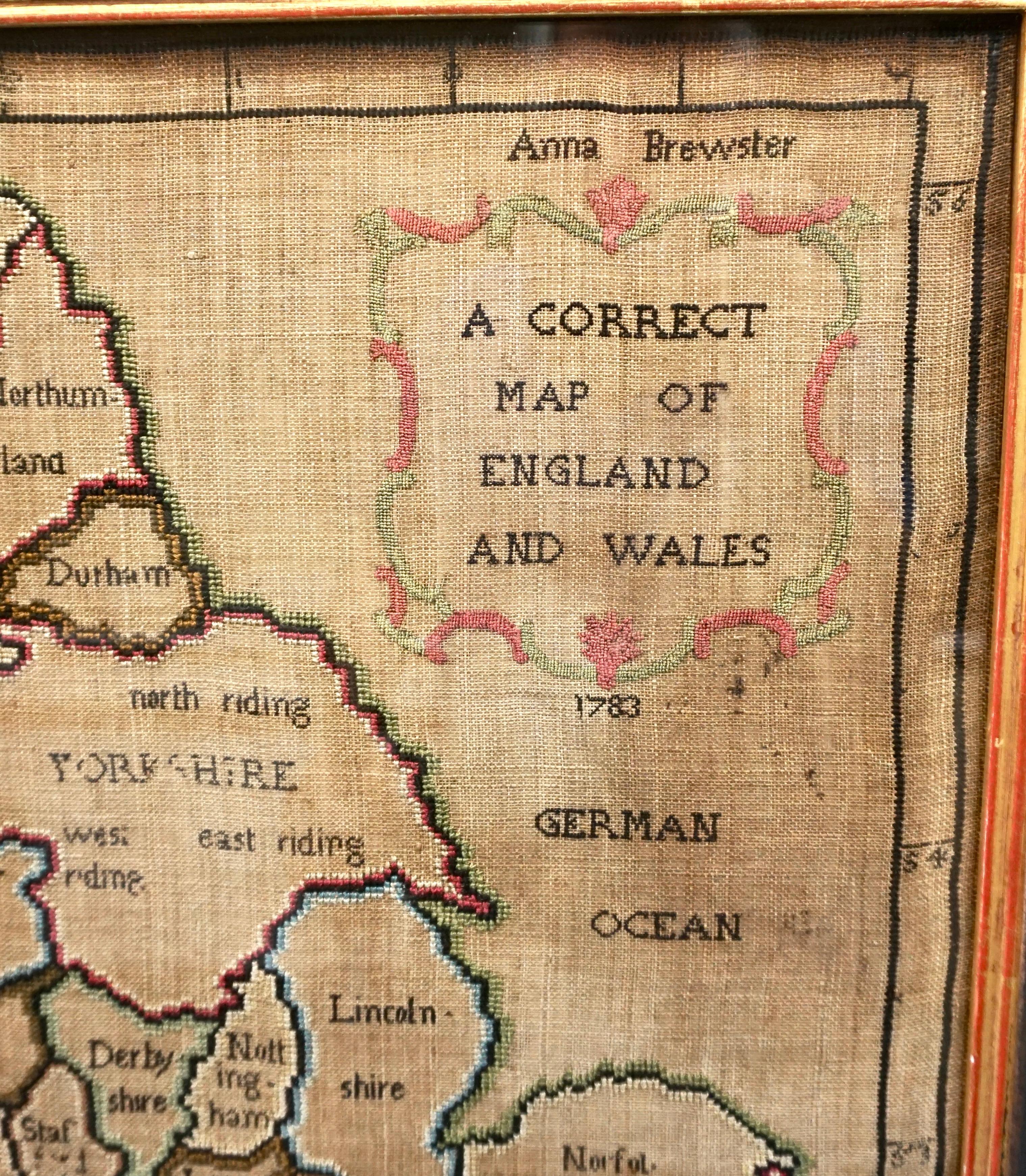 English Silk Needlework Map of England and Wales Signed Anna Brewster Dated 1783