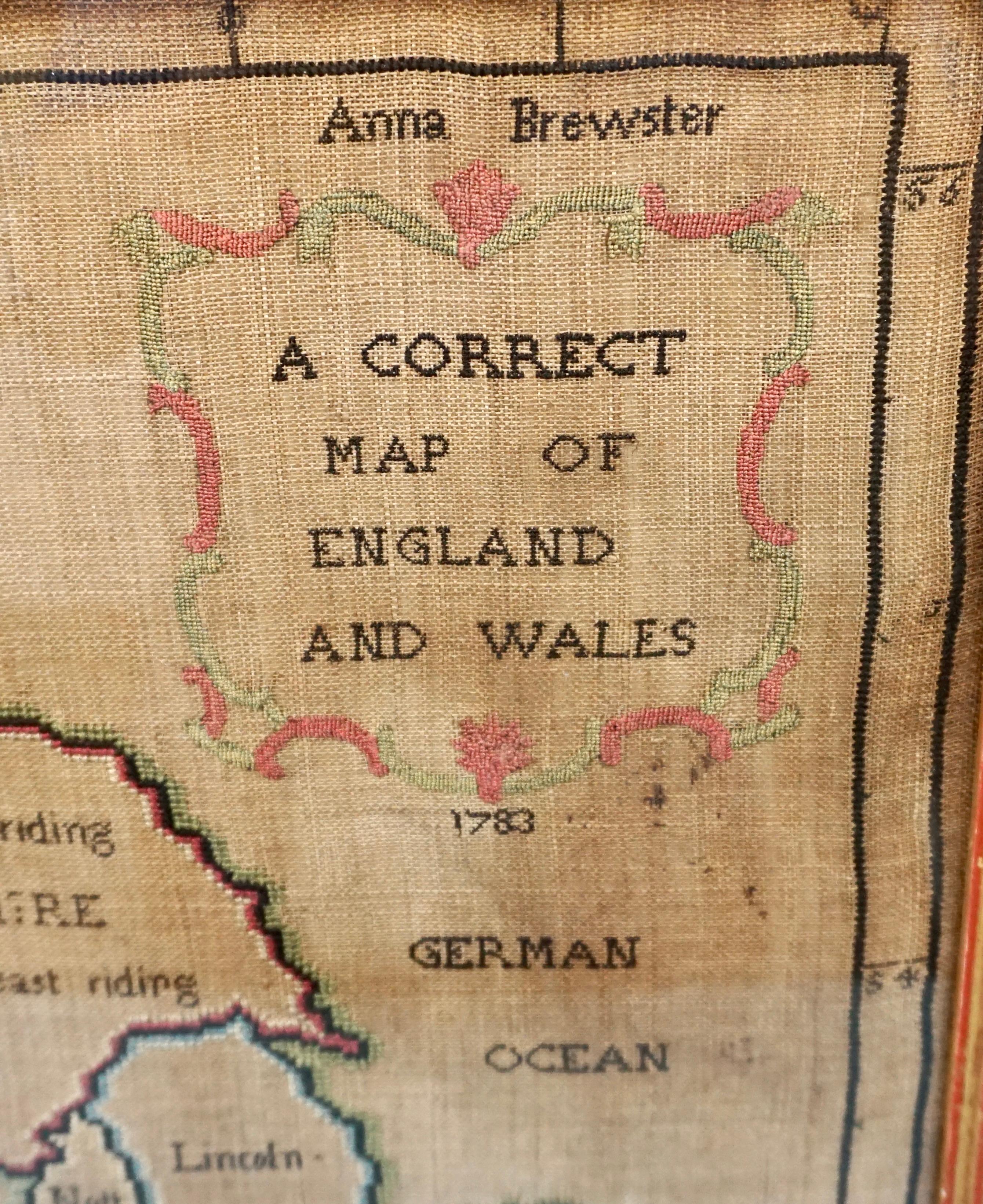 Silk Needlework Map of England and Wales Signed Anna Brewster Dated 1783 In Good Condition In San Francisco, CA