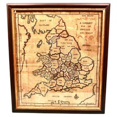 Antique Silk Needlework Map of England and Wales Signed Anna Brewster Dated 1783