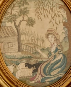 Silk Needlework Picture Showing Shepherdess and Her Flock, England, circa 1840