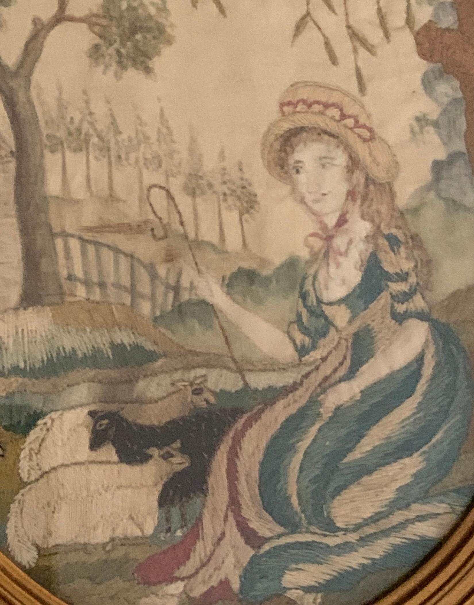 Hand-Crafted Silk Needlework Picture Showing Shepherdess and Her Flock, England, circa 1840 For Sale