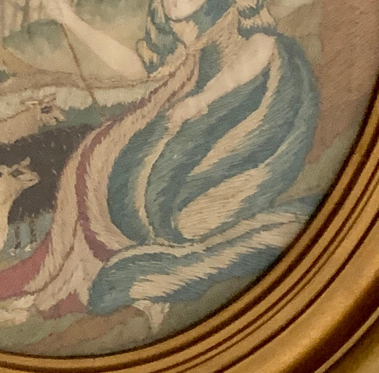 Cuadro de seda para bordar con una pastora y su rebaño, Inglaterra, hacia 1840 en Bastante bueno estado para la venta en Katonah, NY