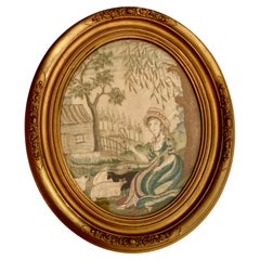 Silk Needlework Picture Showing Shepherdess and Her Flock, England, circa 1840