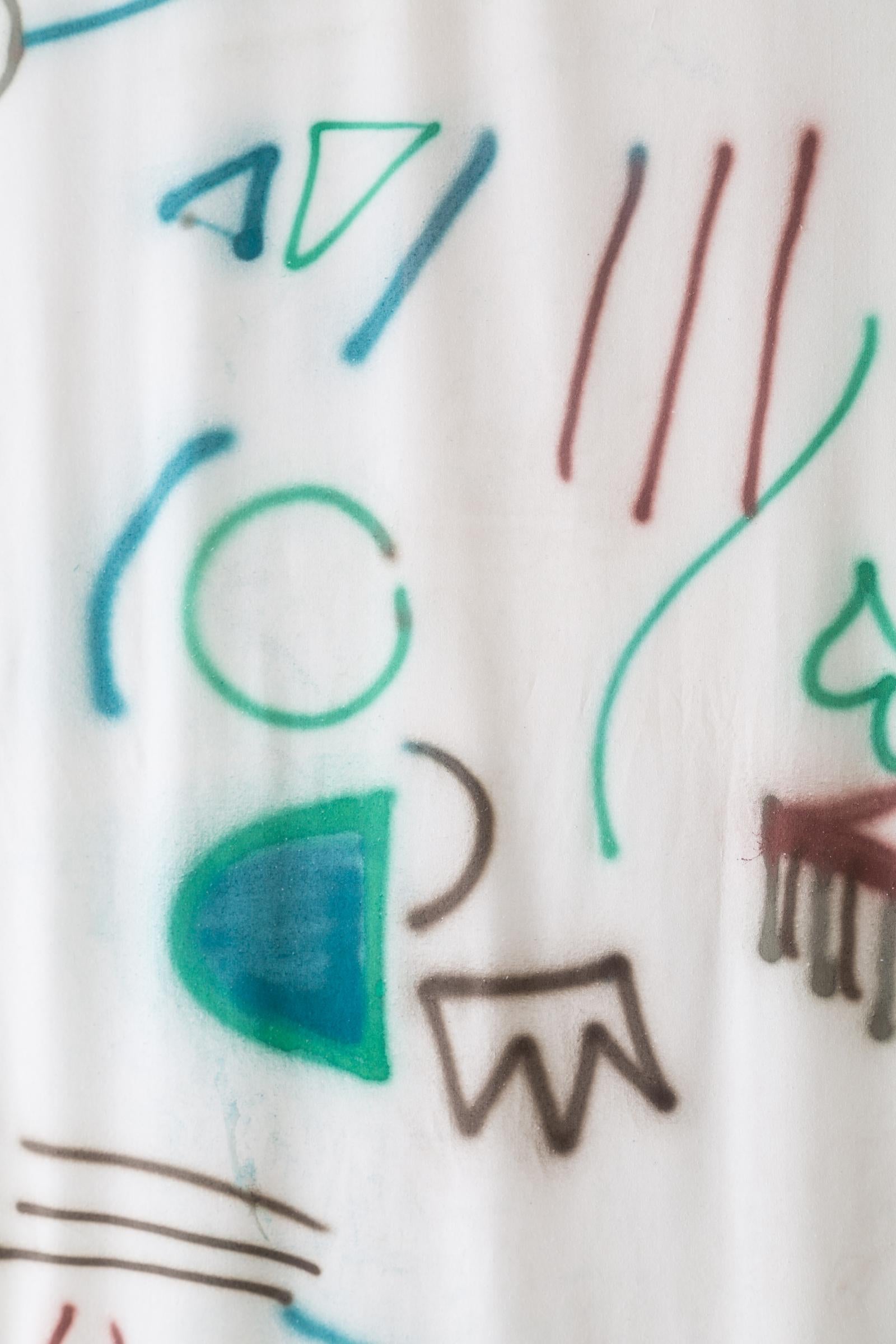 Soie Garniture de tissu de rideau en soie peinte à la main, lignes brunes, vertes et bleues en vente