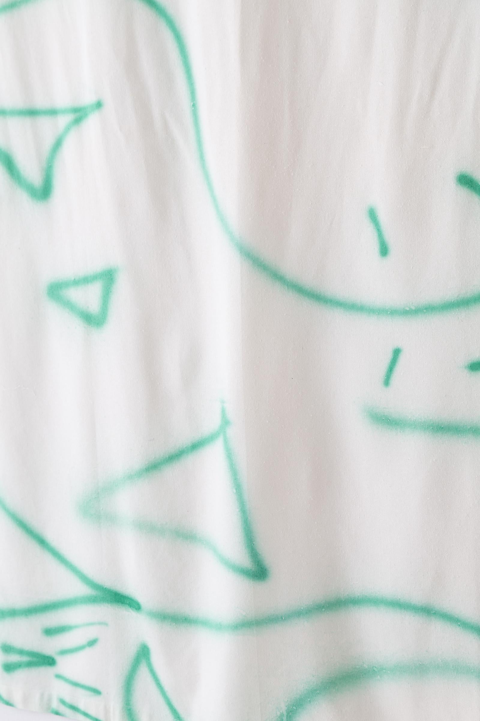 Tapis de rideau en tissu de soie peint à la main, lignes vertes et clous en vente 2