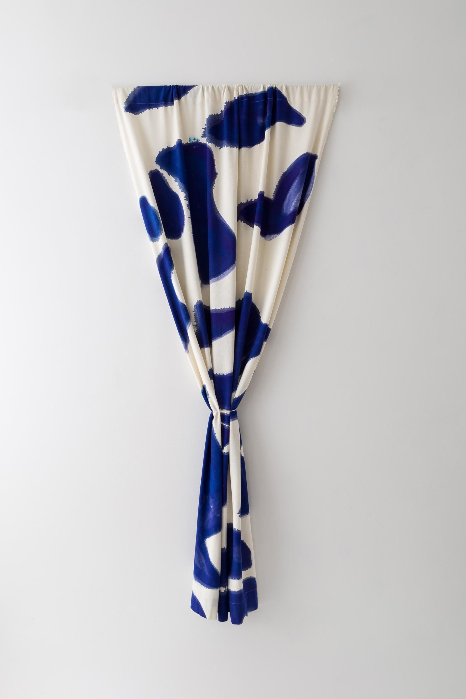 American Silk Noil Single Hue Hand-Painted Blue Amoeba Curtains Fabric Yardage For Sale