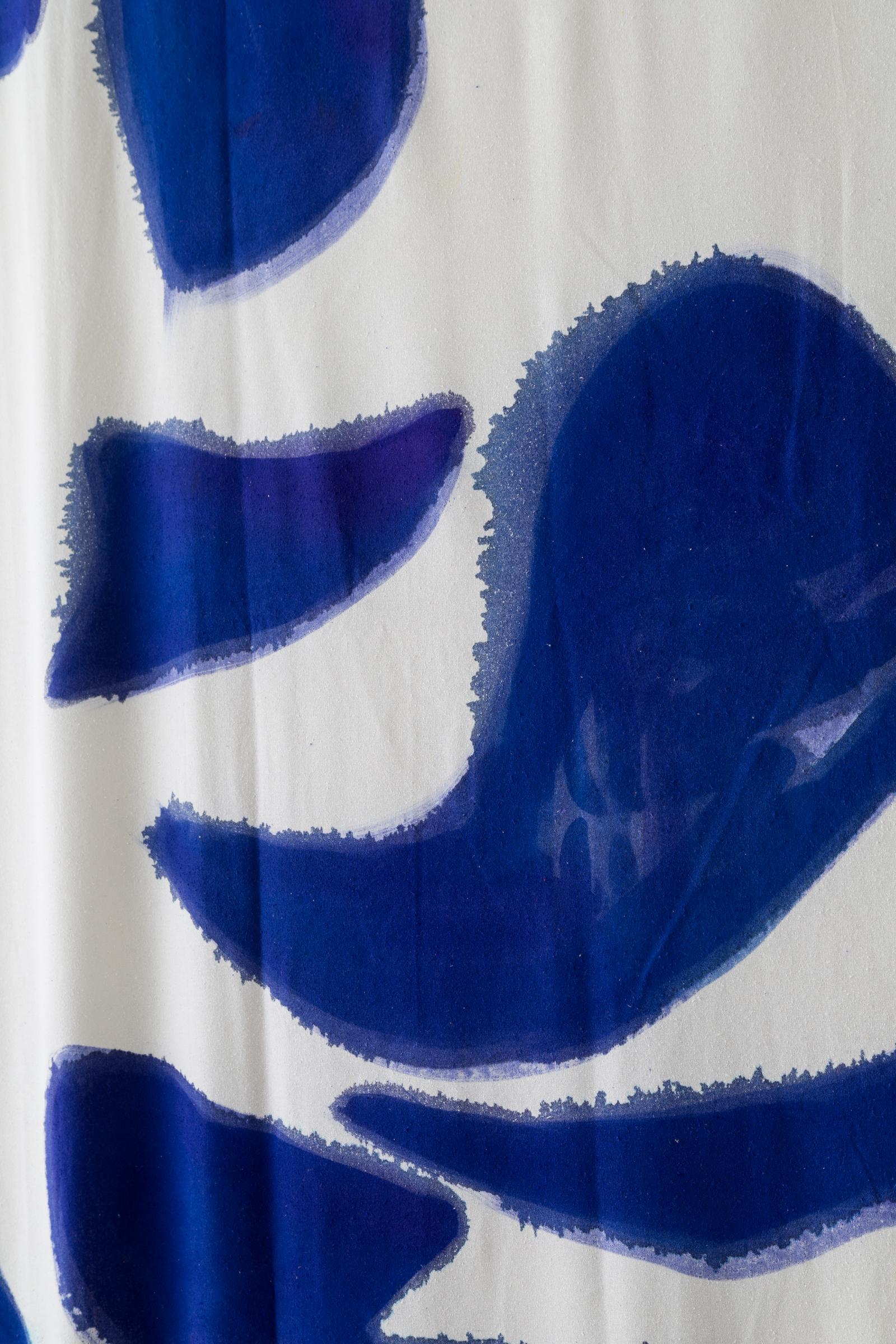 Silk Noil Single Hue Hand-Painted Blue Amoeba Curtains Fabric Yardage In New Condition For Sale In Brooklyn, NY