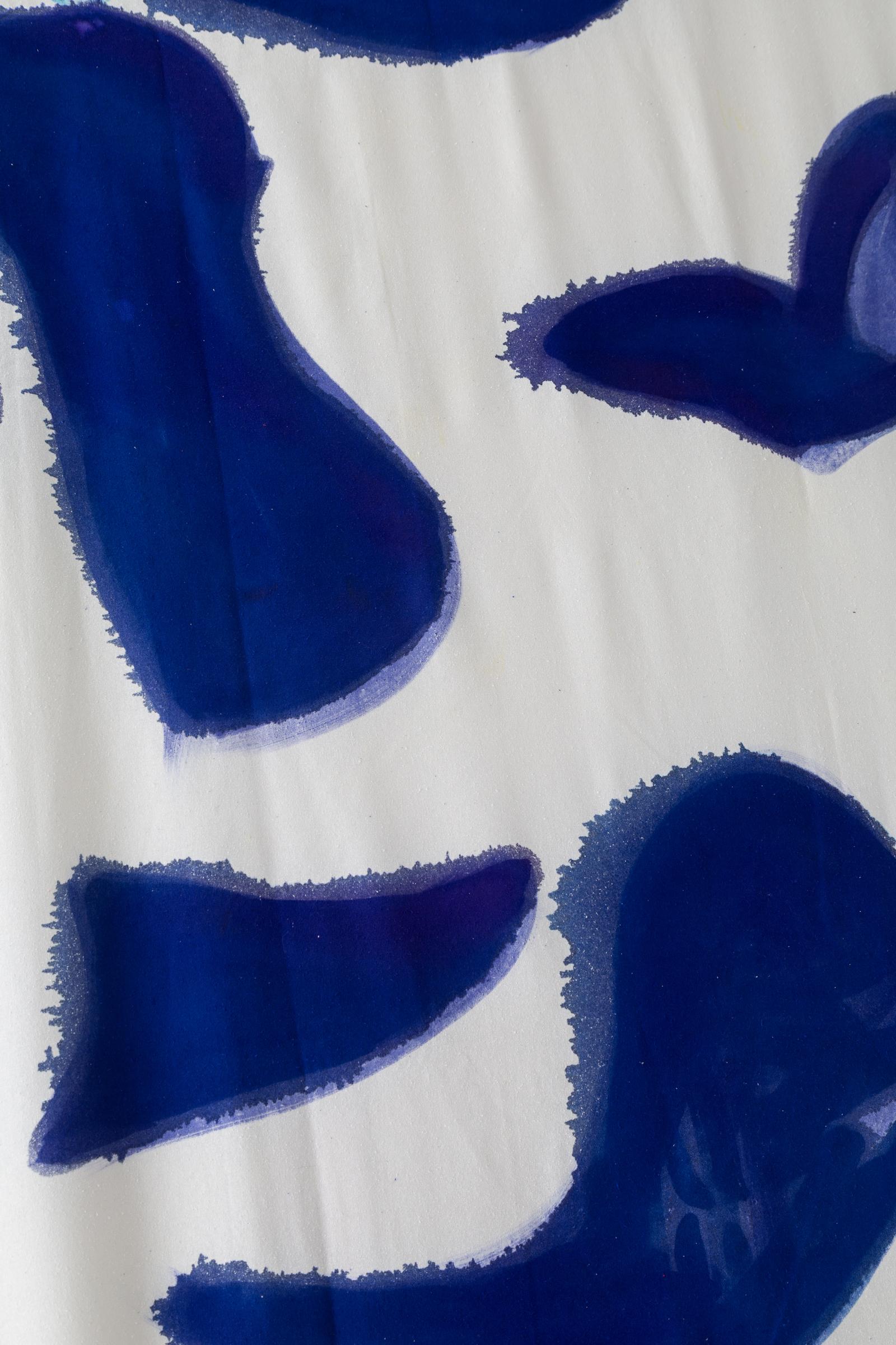 Silk Noil Single Hue Hand-Painted Blue Amoeba Curtains Fabric Yardage For Sale 1