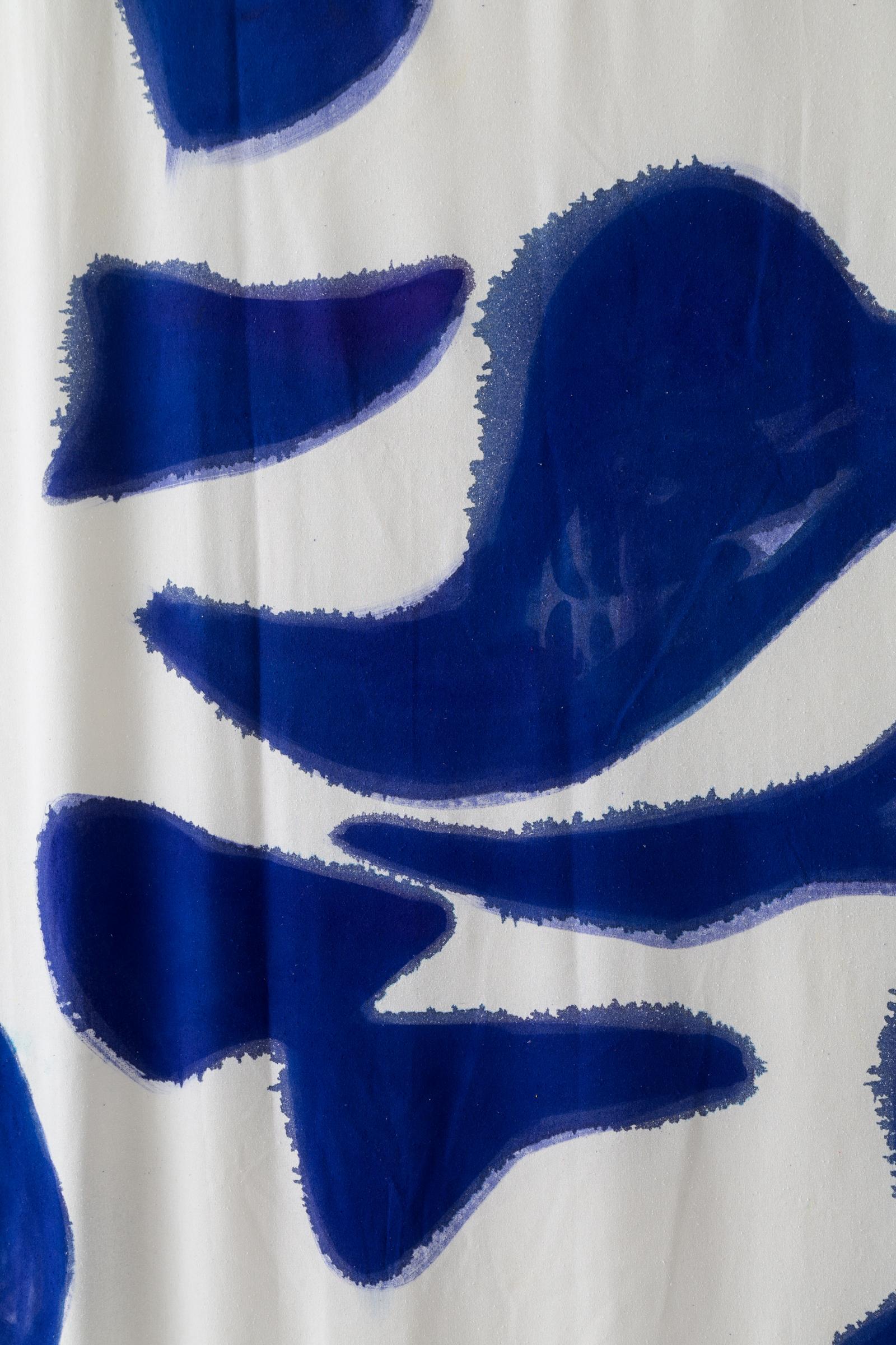 Silk Noil Single Hue Hand-Painted Blue Amoeba Curtains Fabric Yardage For Sale 2