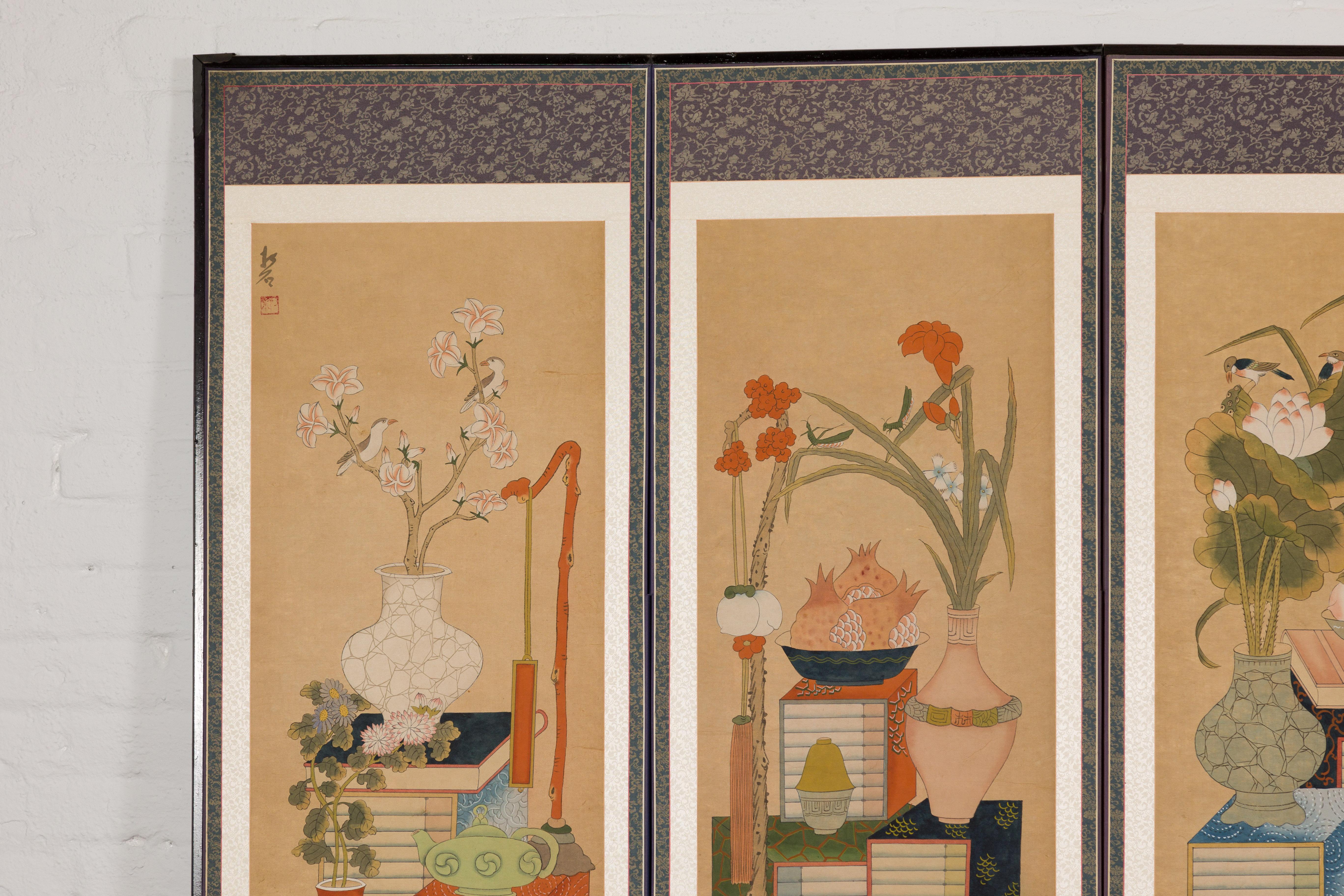 Chinese Silk on Paper Six Panel Screen with Hand Painted Traditional Household Items