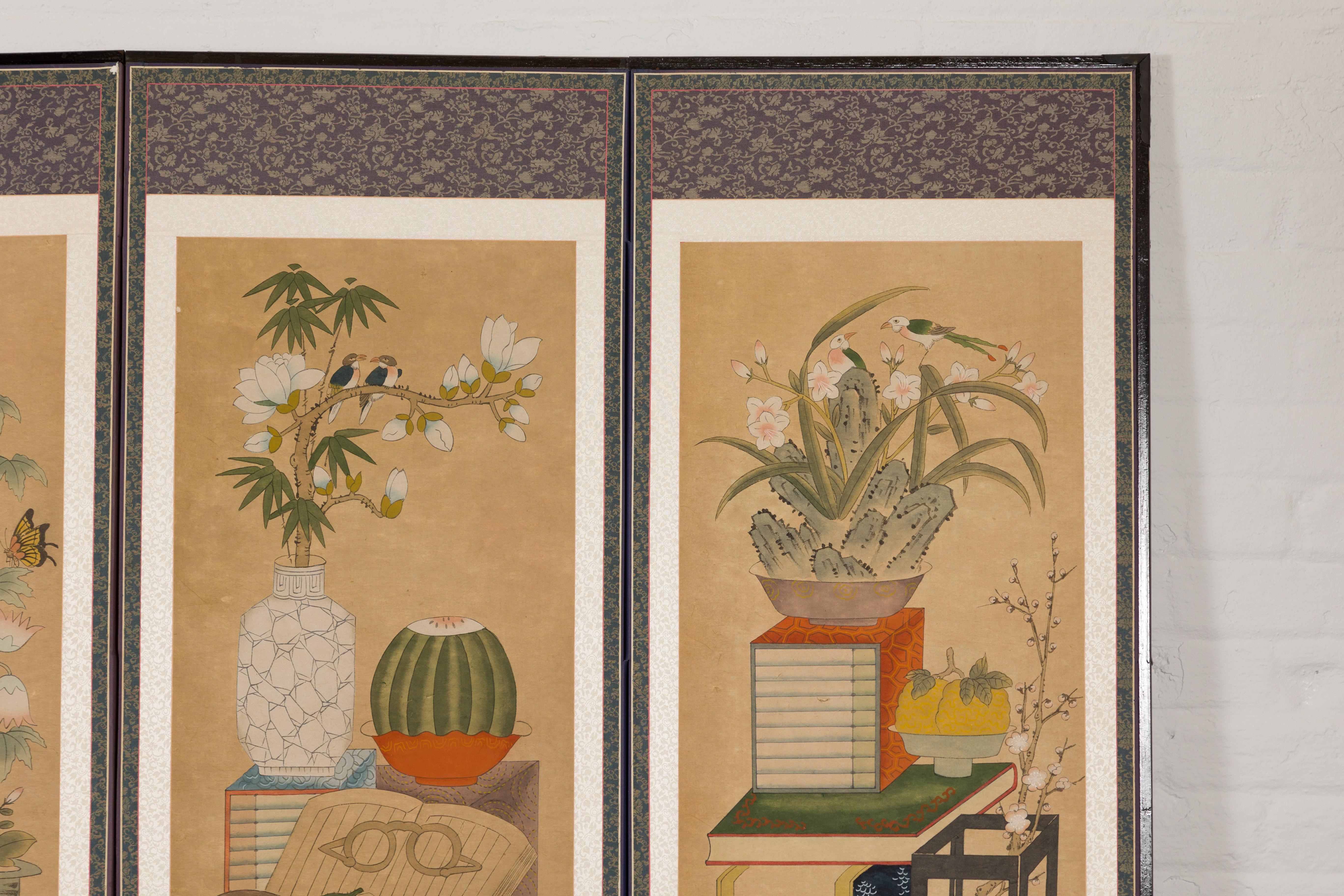 Silk on Paper Six Panel Screen with Hand Painted Traditional Household Items In Good Condition In Yonkers, NY