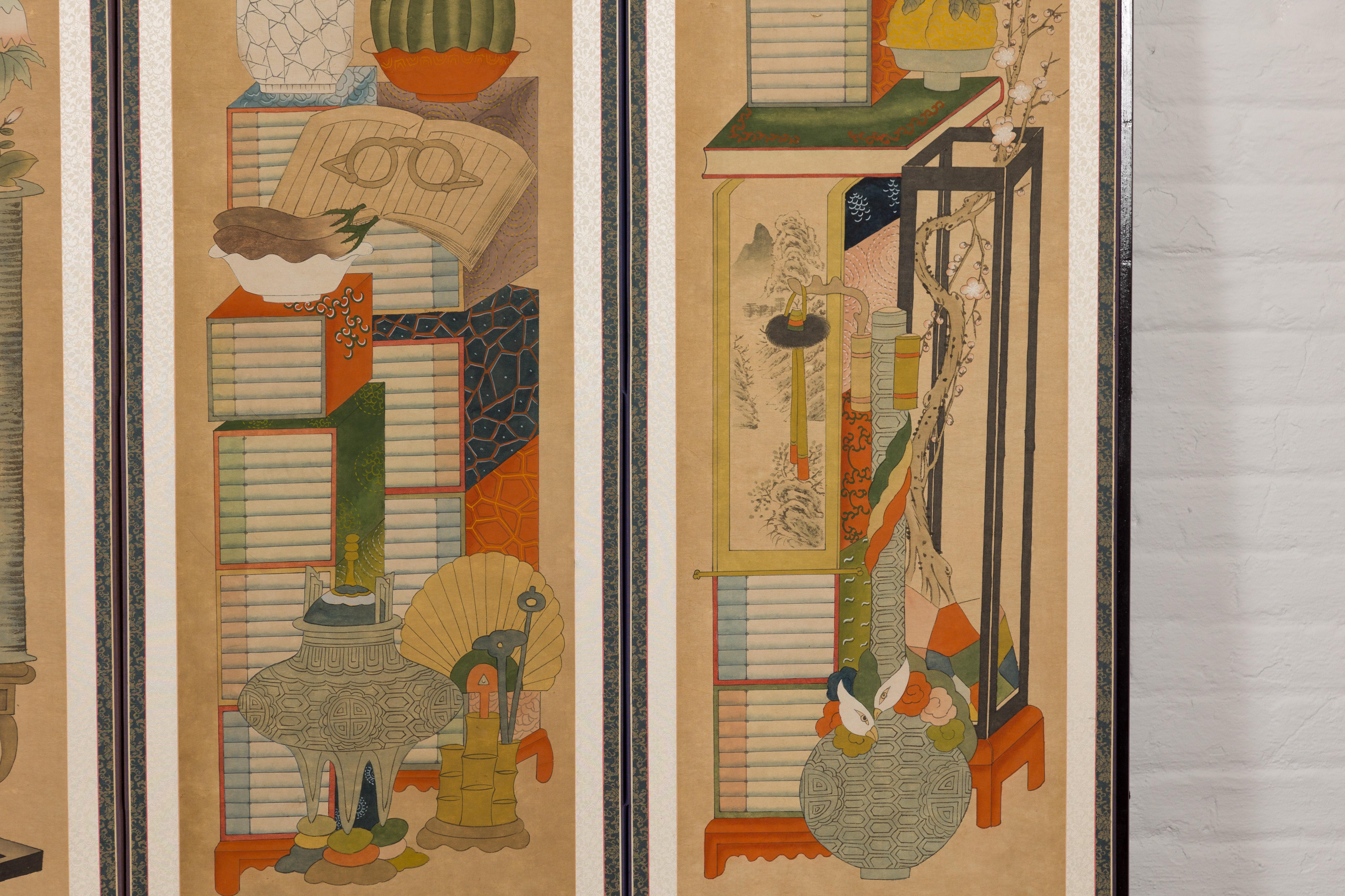 20th Century Silk on Paper Six Panel Screen with Hand Painted Traditional Household Items