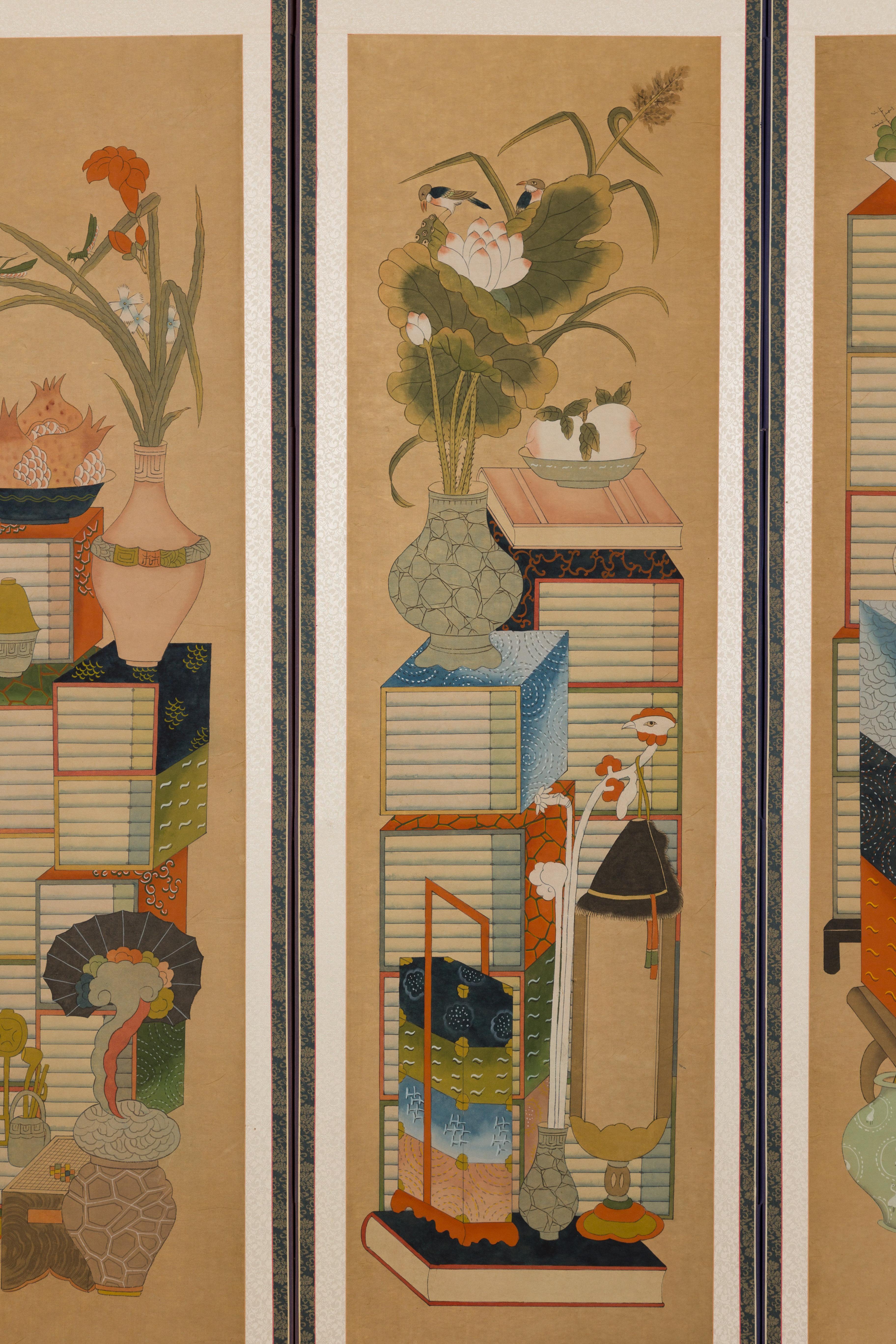 Silk on Paper Six Panel Screen with Hand Painted Traditional Household Items 3