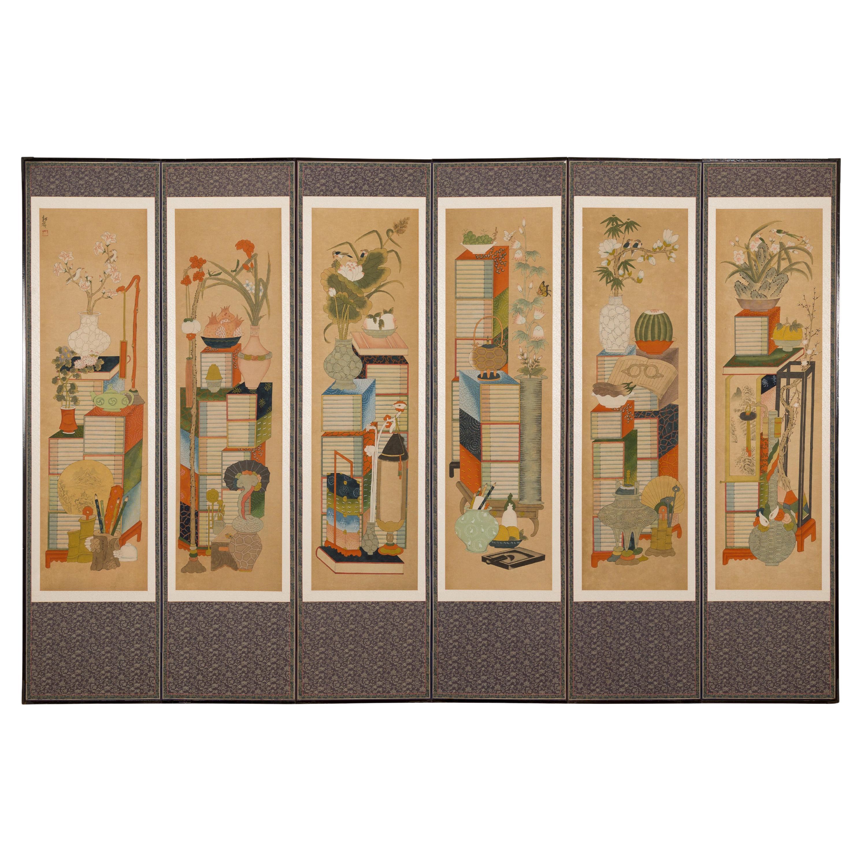 Silk on Paper Six Panel Screen with Hand Painted Traditional Household Items