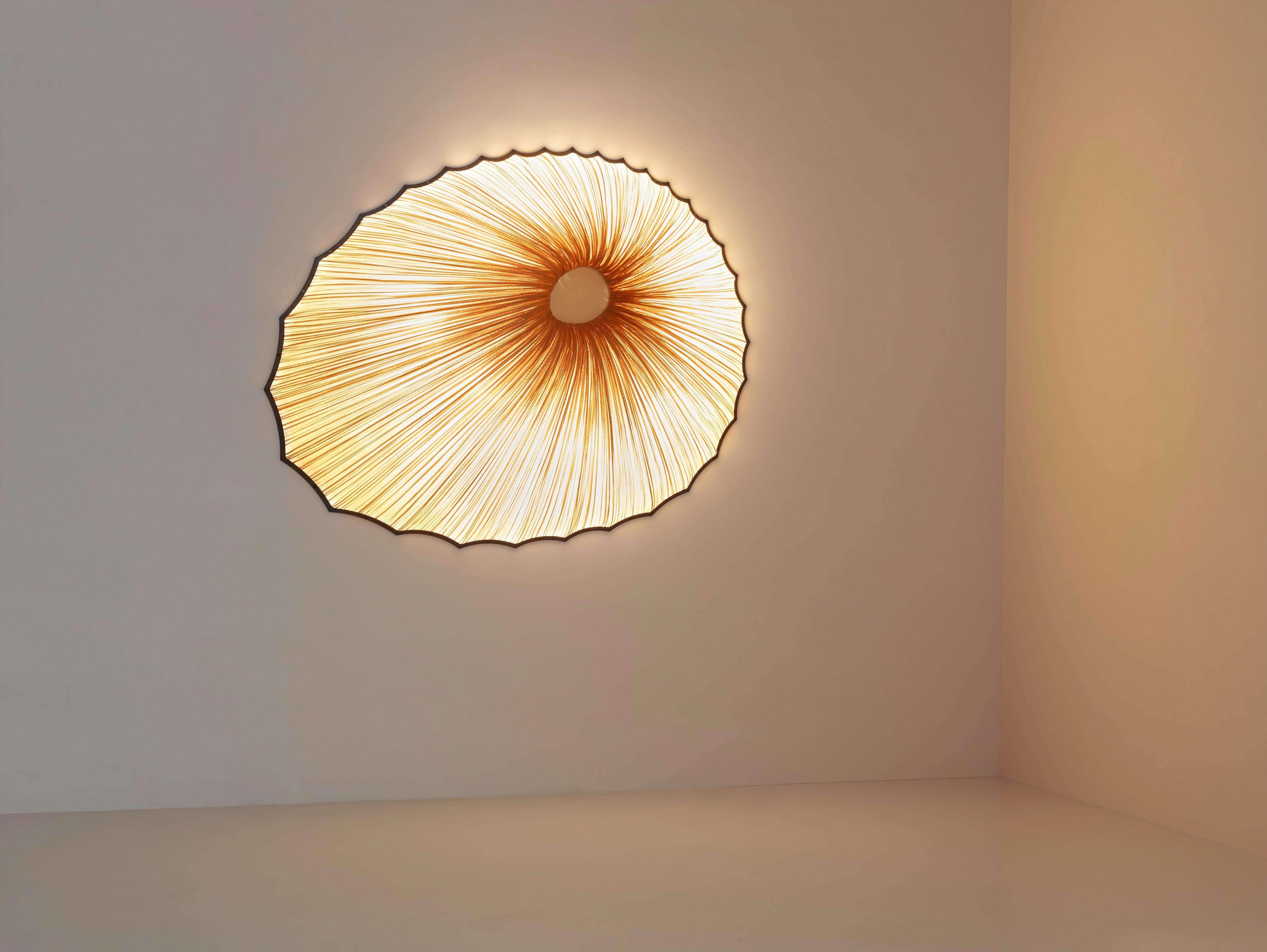 L'apparecchio da parete Sikus fa parte della famiglia di lampade Orchestra. La sua forma scultorea arrotondata può dare un tocco di drammaticità a qualsiasi spazio e questa applique è particolarmente suggestiva nei nostri caldi colori di seta.