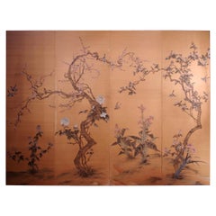 Silk Painted Panel with Flowers and Birds Decor, Japanese Work, circa 1900
