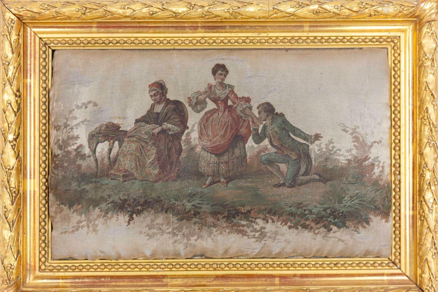 Small silk painting figuring a romantic scene in the 18th century style. A stand woman wearing a red and white dress reaches her hand to kiss to a kneeling man in front of her who wears a green jacket and trousers.
An older woman is sitting next to