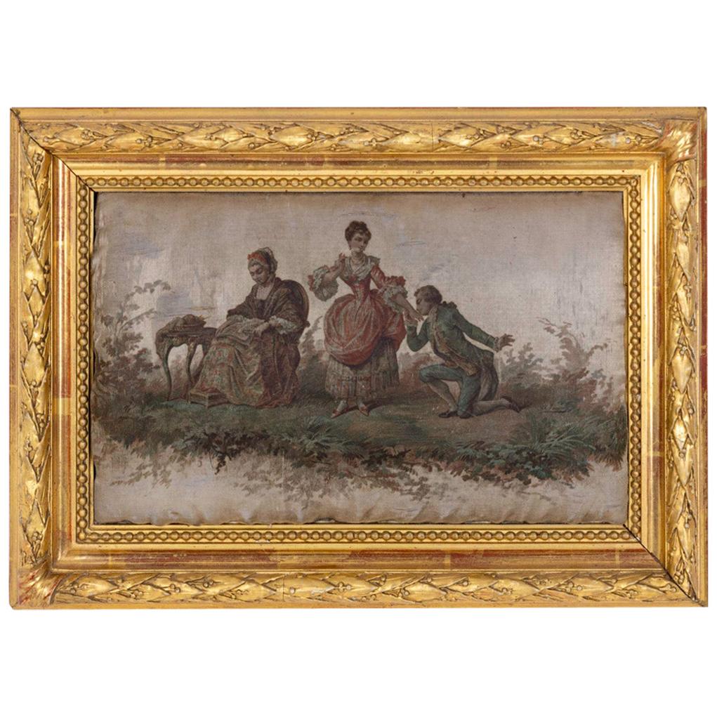 Silk Painting, Romantic Scene, 19th Century