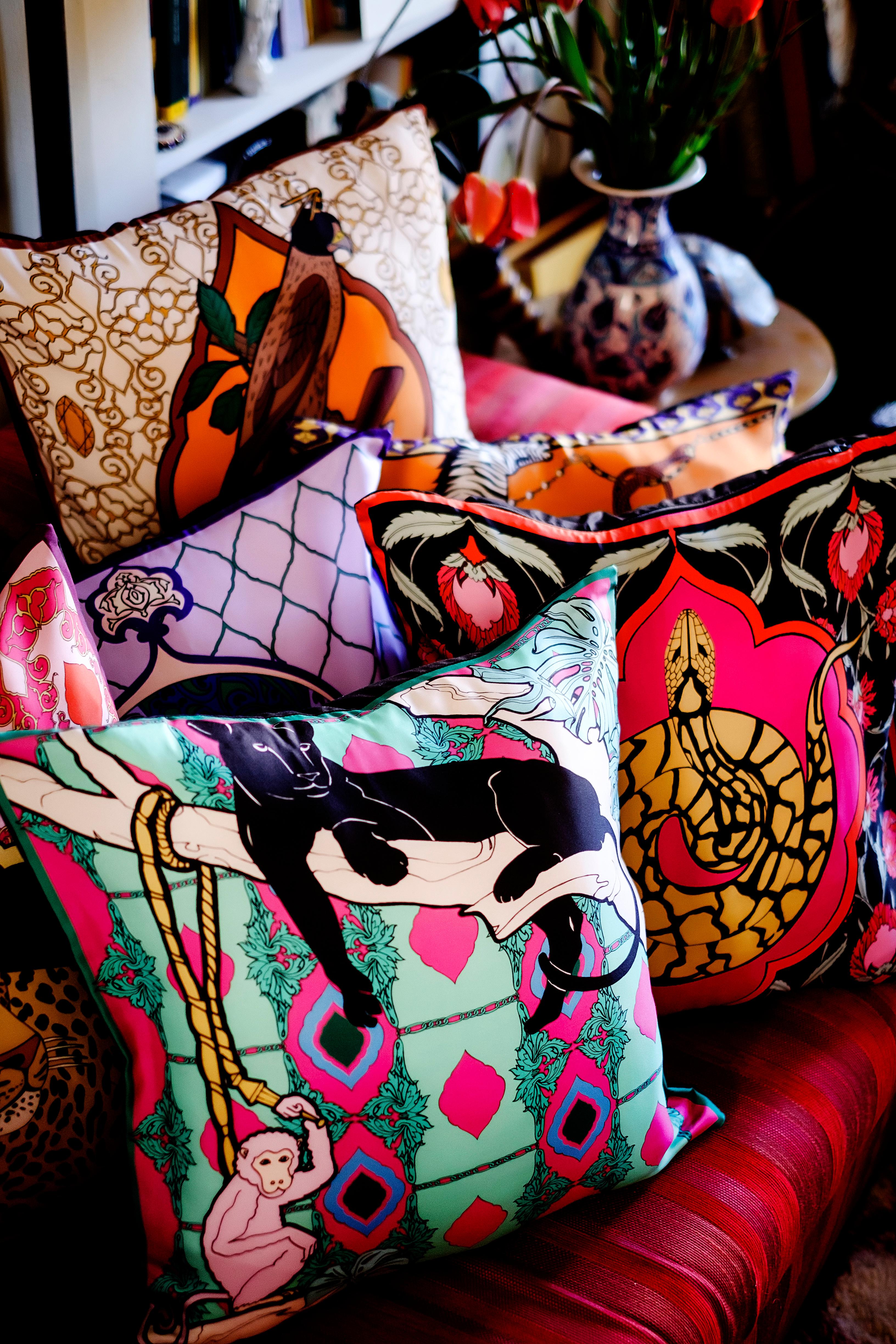 Contemporary Silk Panther Arabesque Pillow 