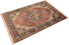 Silk Persian Tabriz Rug, Red and Navy Medallion Design, 6.3 × 4.6 ft