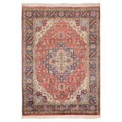 Silk Persian Tabriz Rug, Red and Navy Medallion Design, 6.3 × 4.6 ft