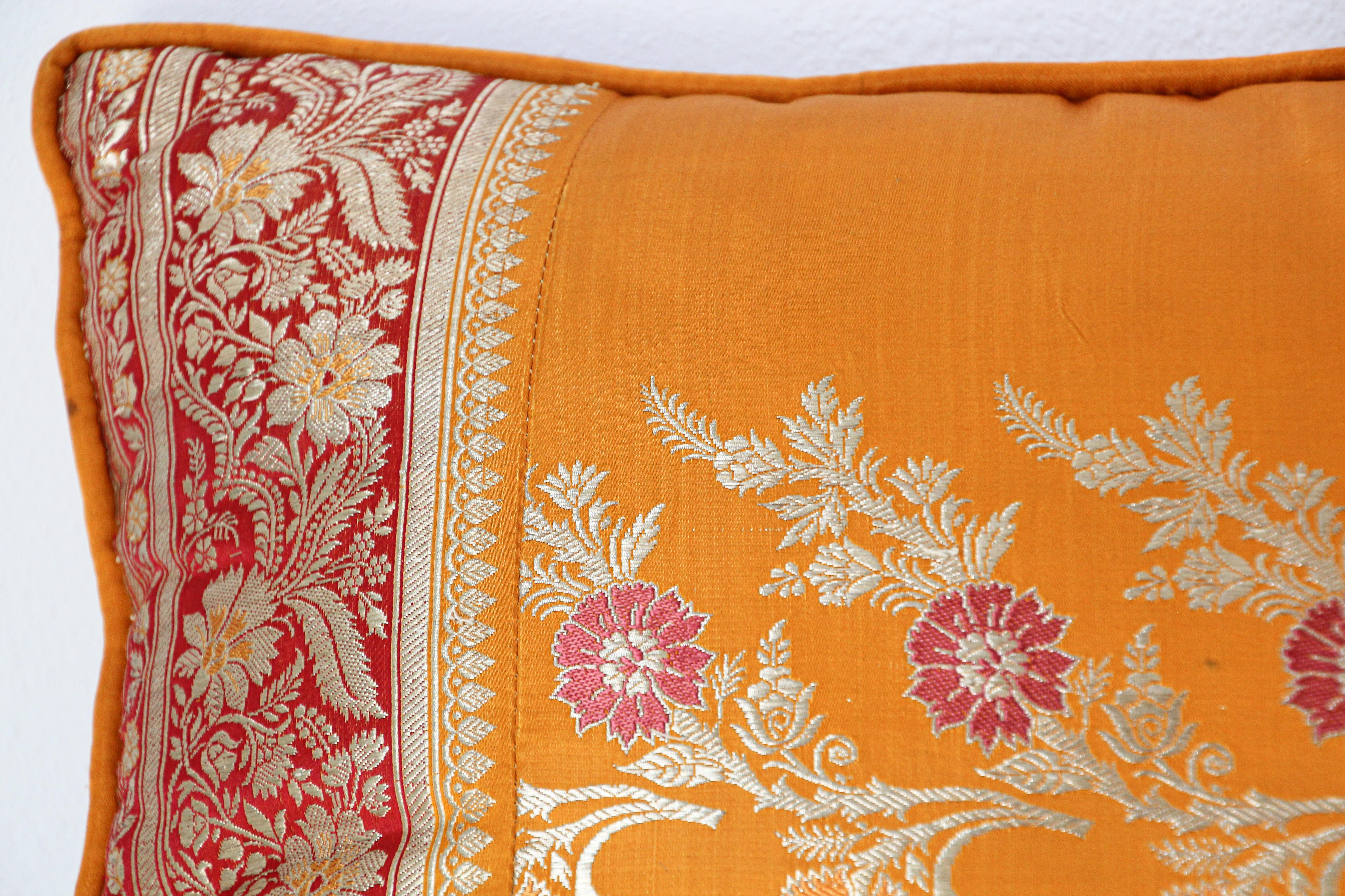 Anglo Raj Silk Pillow Custom Made from a Wedding Orange Sari, India For Sale