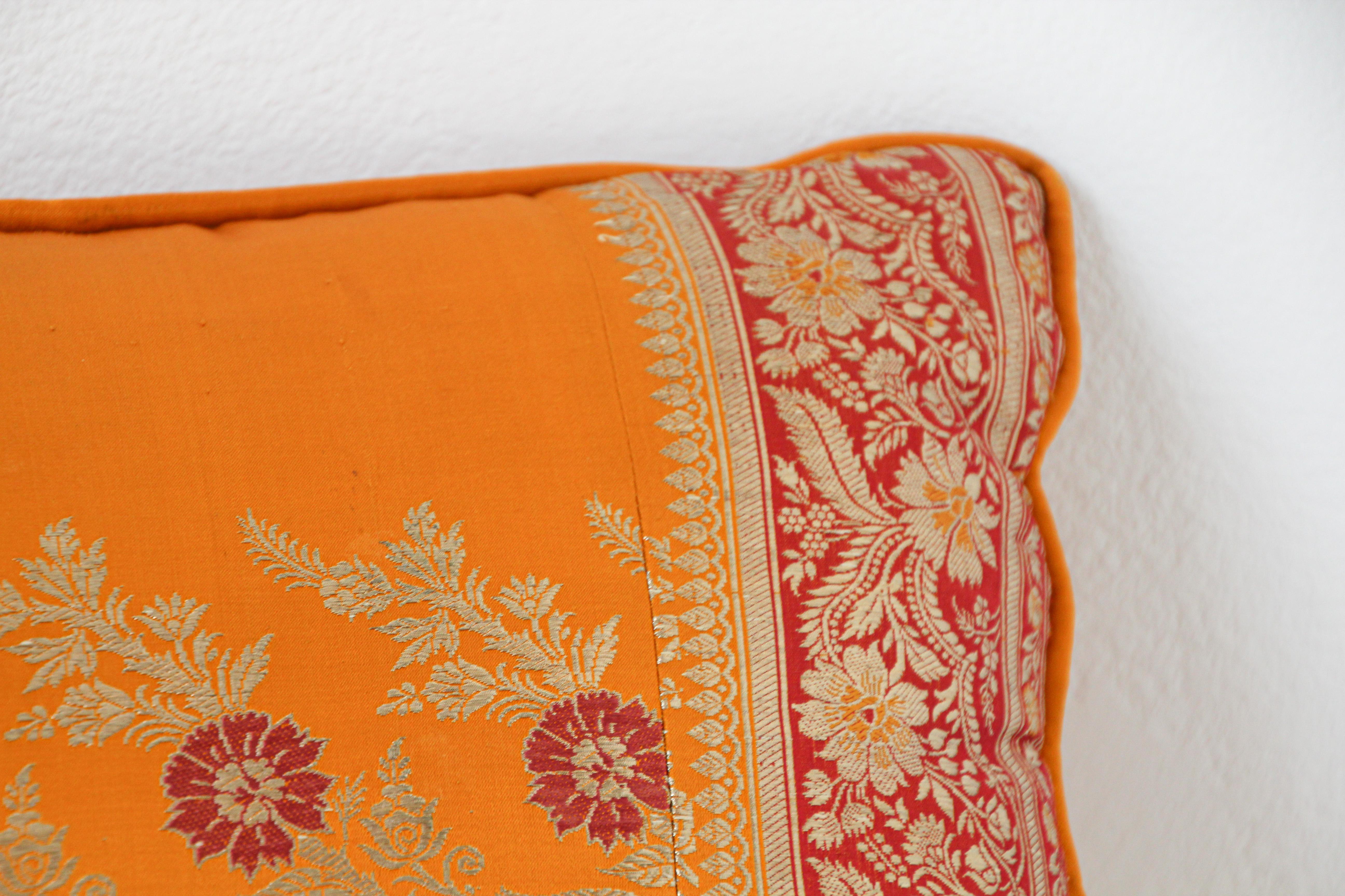 Silk Pillow Custom Made from a Wedding Orange Sari, India In Good Condition For Sale In North Hollywood, CA