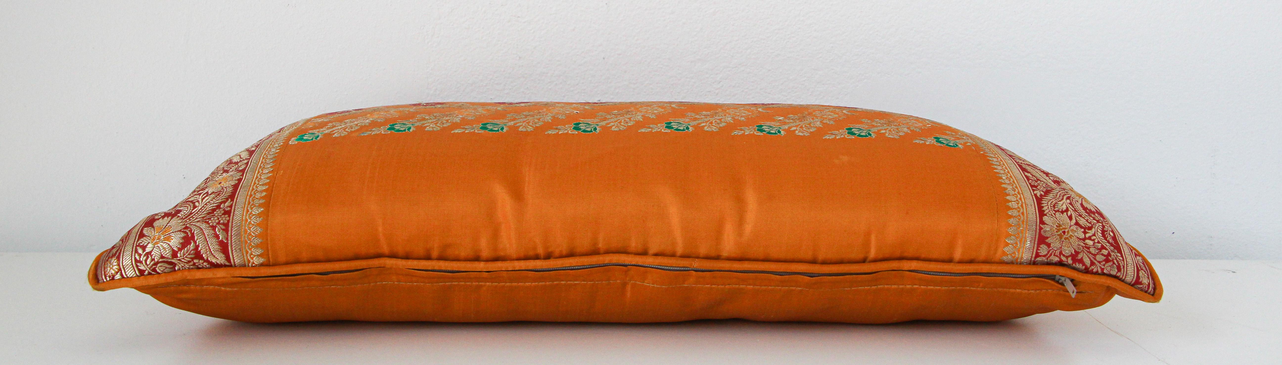 Late 20th Century Silk Pillow Custom Made from a Wedding Orange Sari, India For Sale