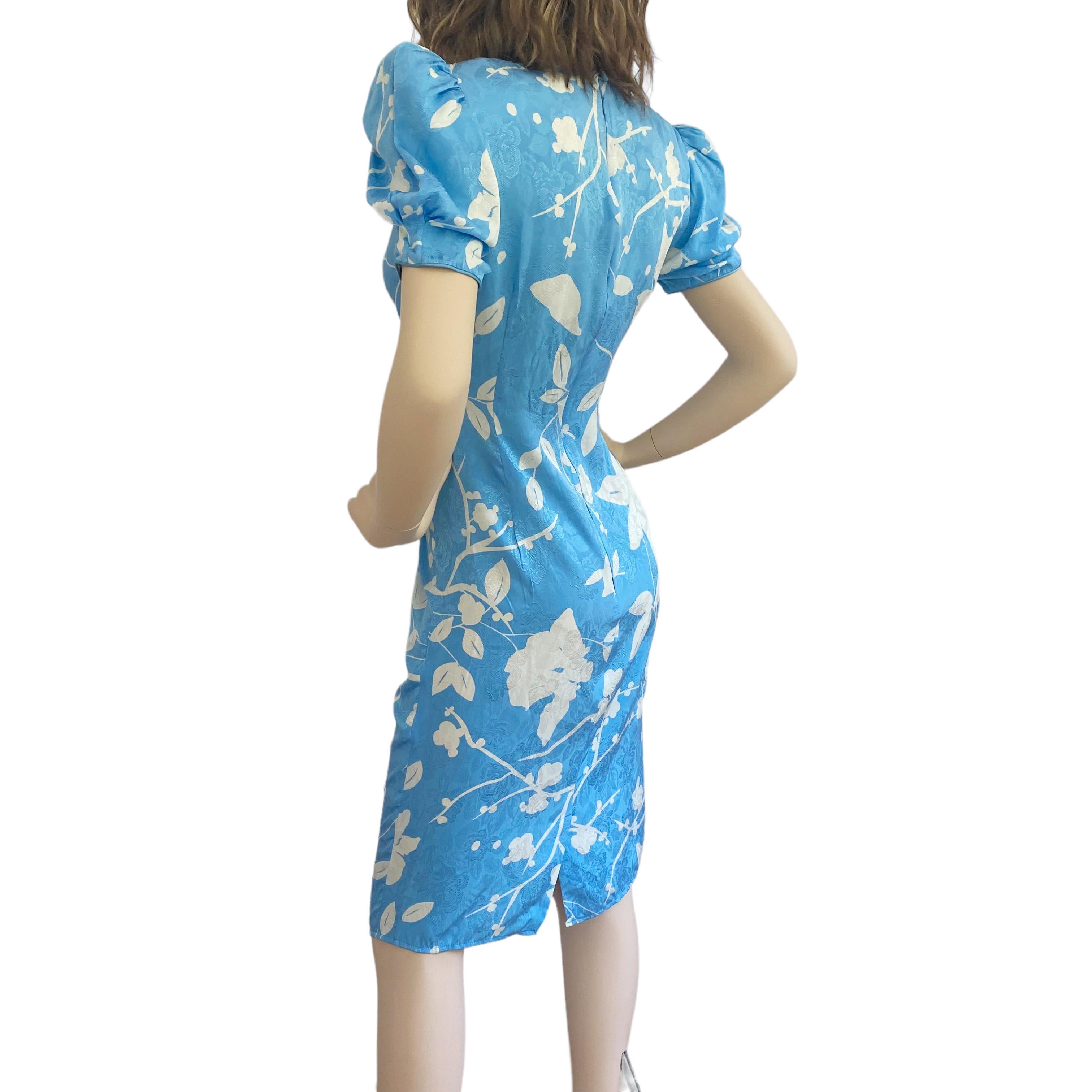 Baby Blue Silk Floral Print Puff Sleeve Jacquard Dress -  Flora Kung  In New Condition For Sale In Boston, MA