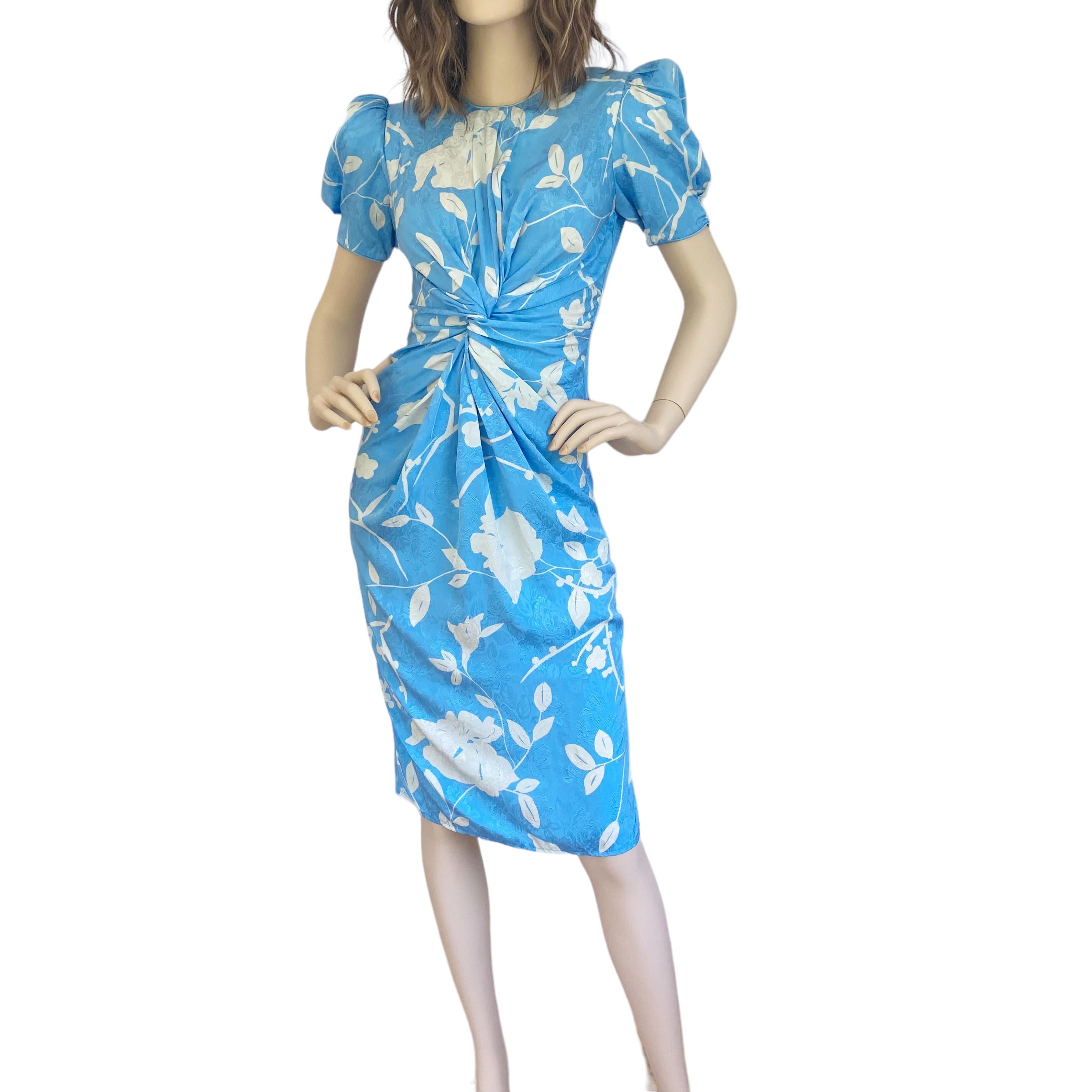 Women's Baby Blue Silk Floral Print Puff Sleeve Jacquard Dress -  Flora Kung  For Sale