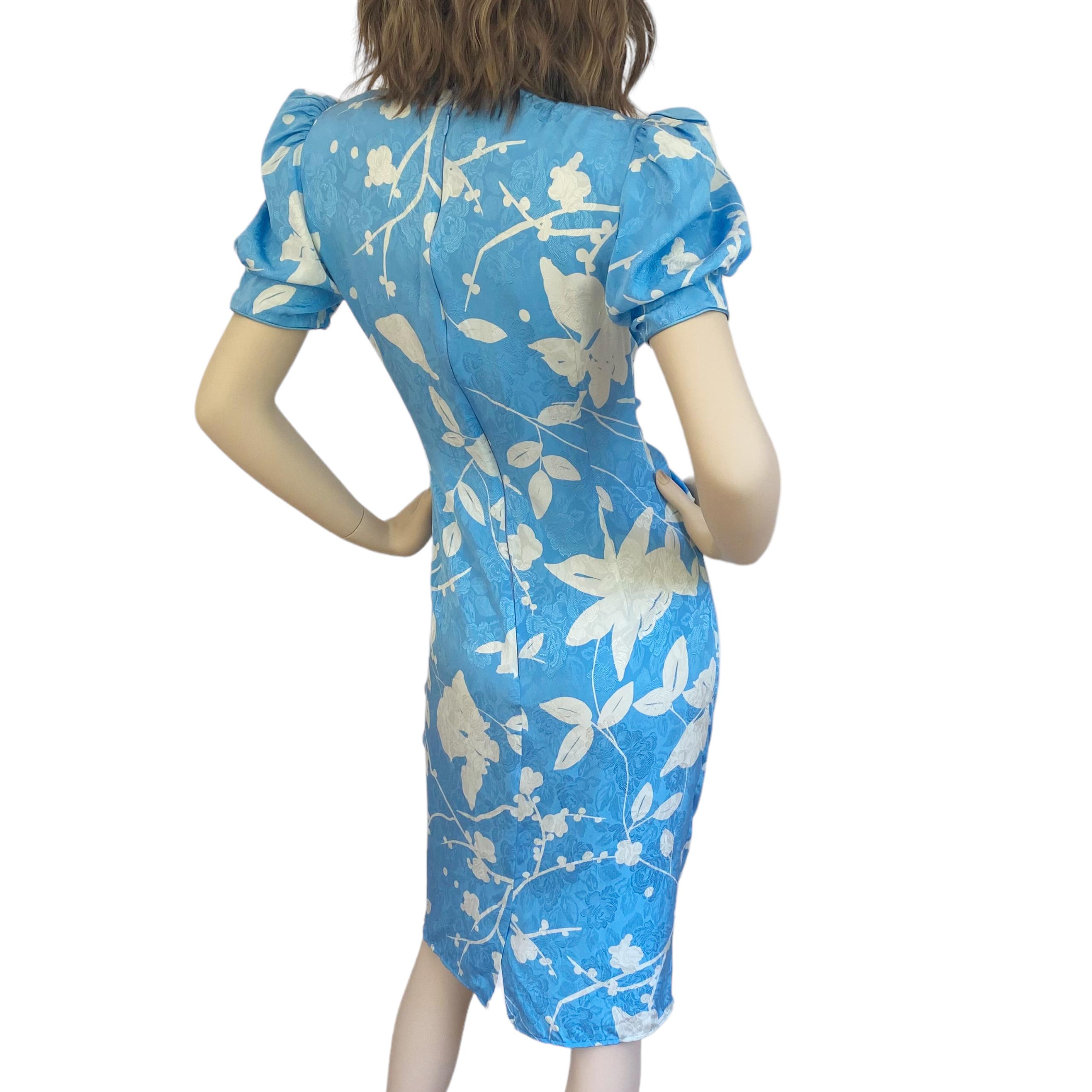 Baby Blue Silk Floral Print Puff Sleeve Jacquard Dress -  Flora Kung  For Sale 1