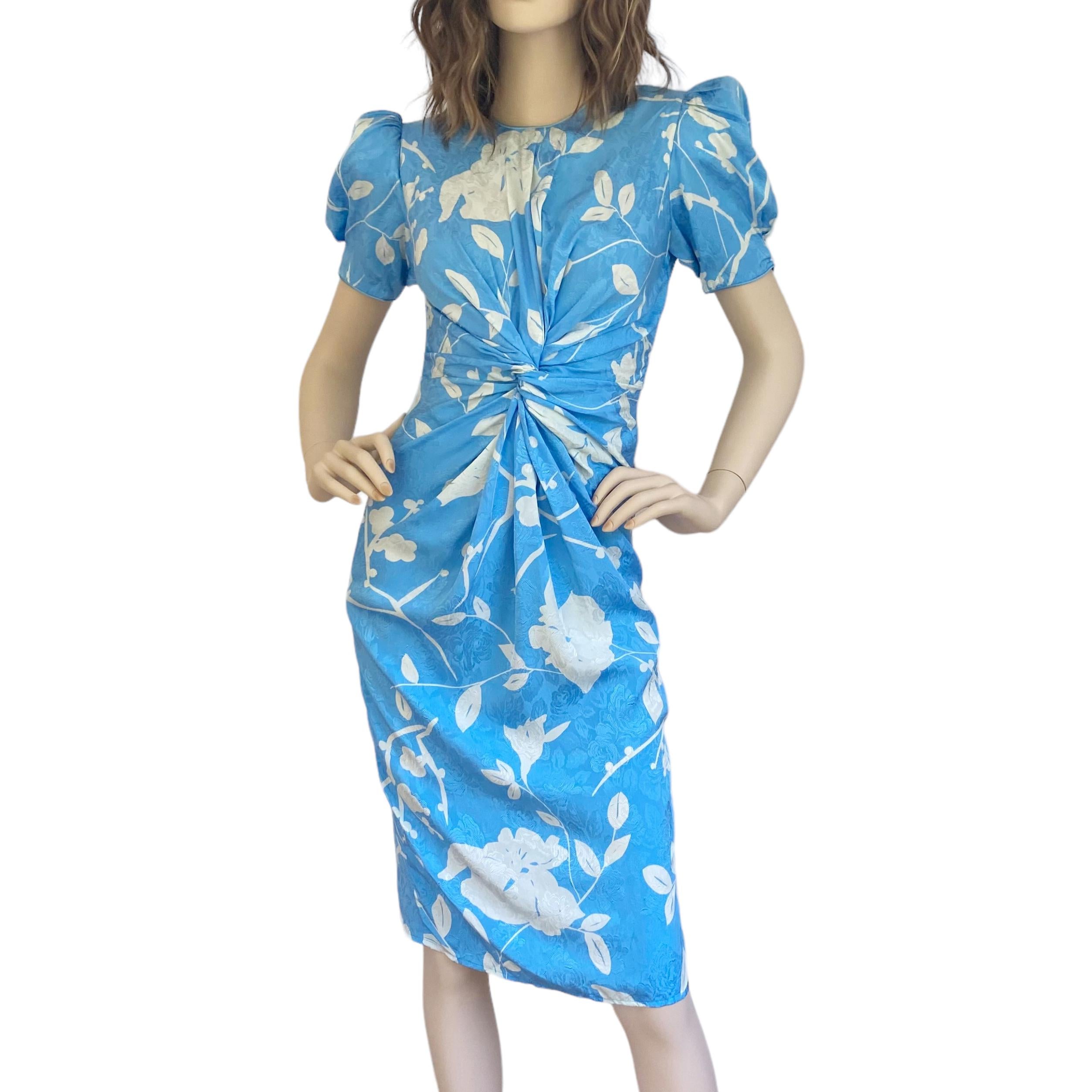 Baby Blue Silk Floral Print Puff Sleeve Jacquard Dress -  Flora Kung  For Sale 2
