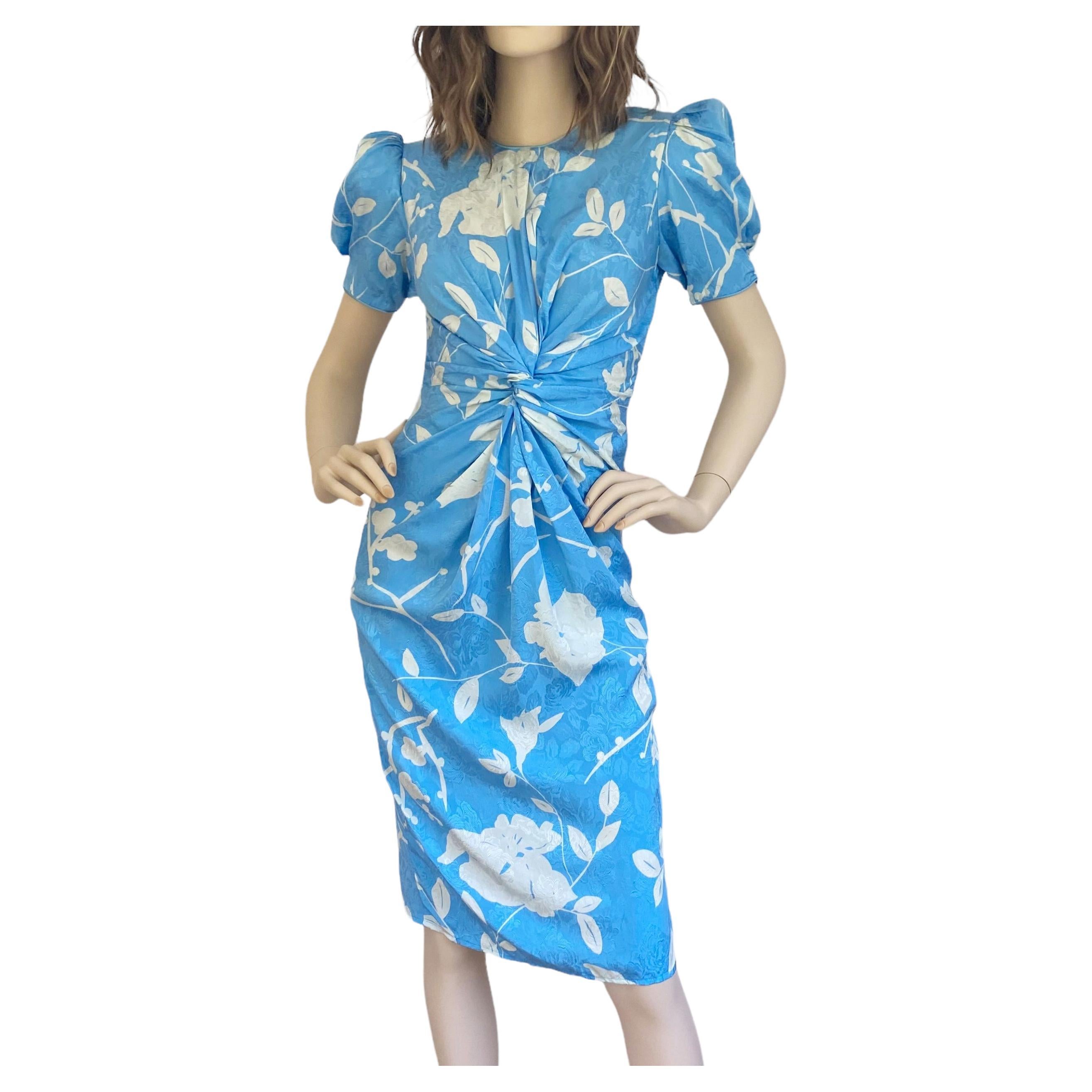 Baby Blue Silk Floral Print Puff Sleeve Jacquard Dress -  Flora Kung  For Sale