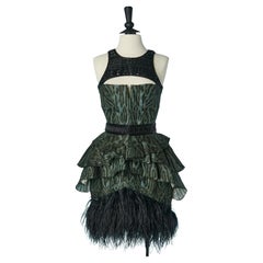 Silk printed cocktail dress with beadwork and feather Roberto Cavalli