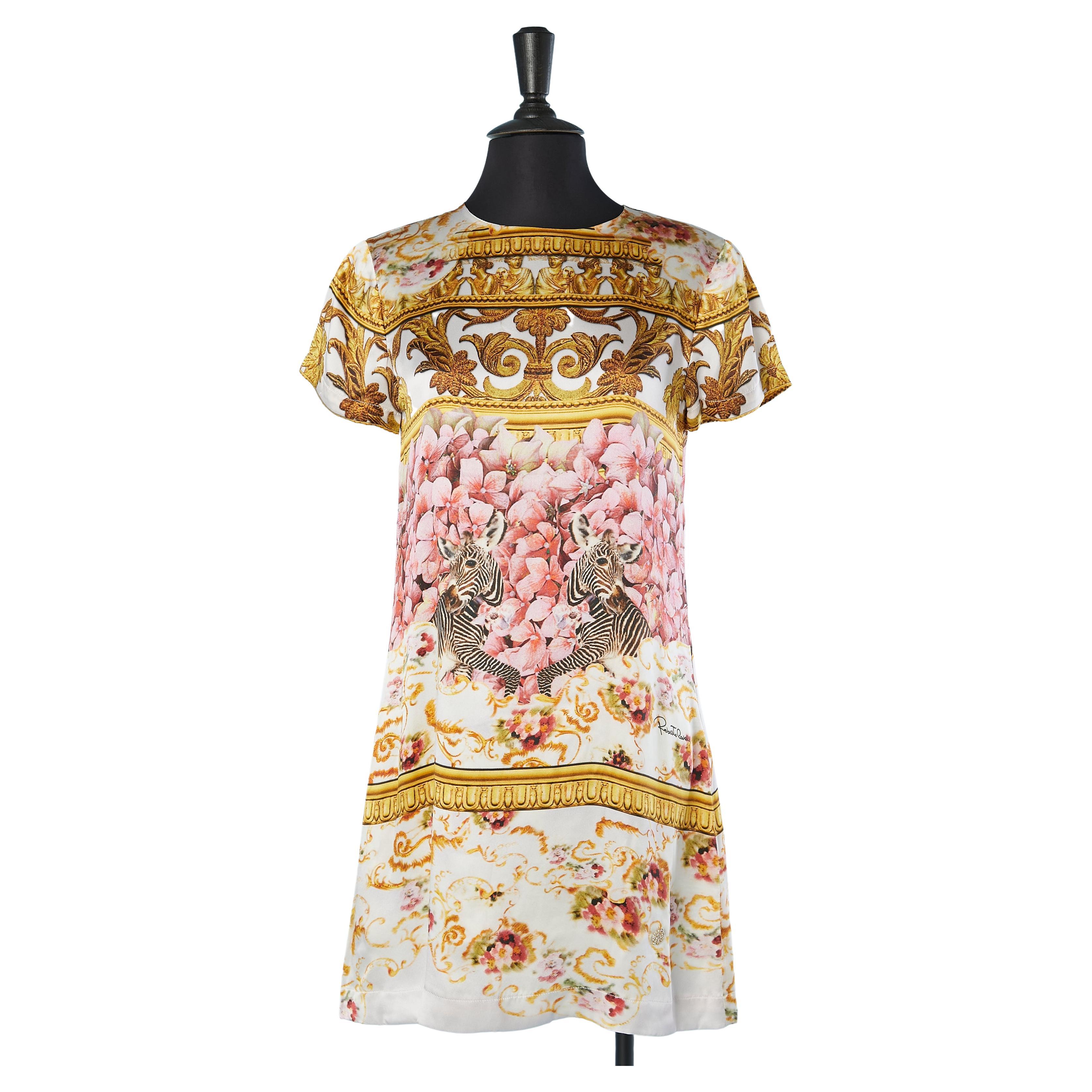 Silk printed cocktail dress with short sleeve Roberto Cavalli For Sale