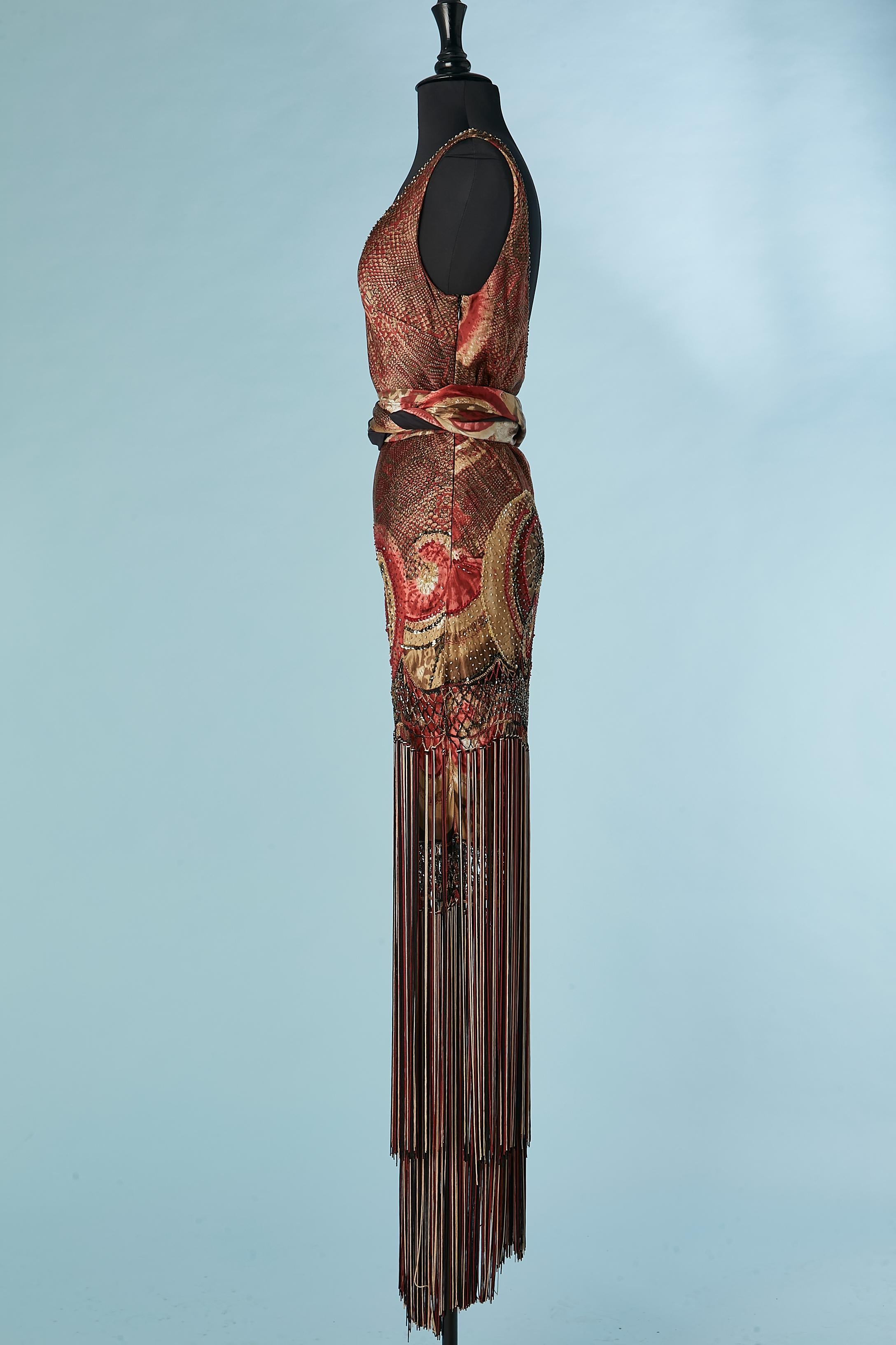 Silk printed evening dress with thread fringes and beaded work SAGAIE 2