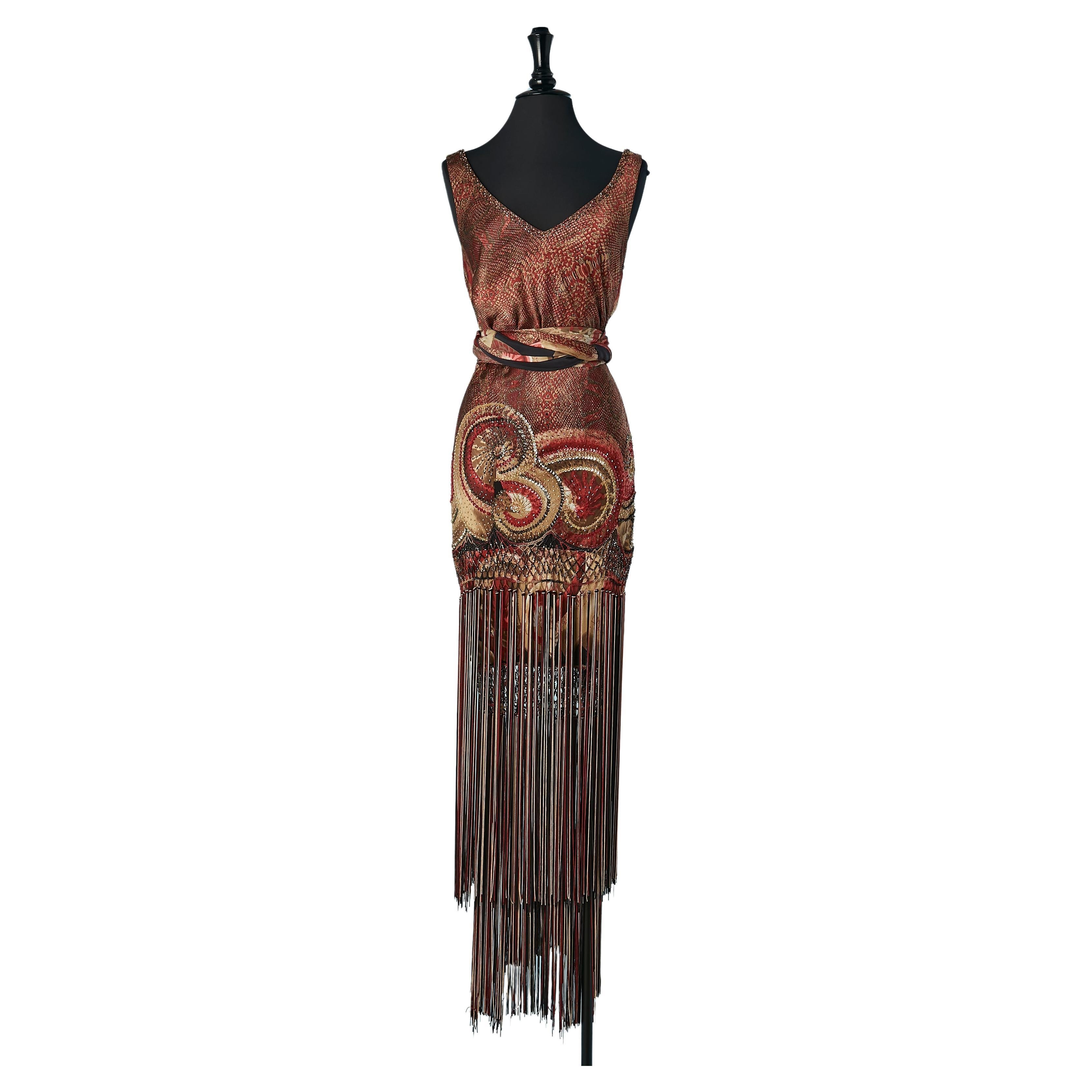 Silk printed evening dress with thread fringes and beaded work SAGAIE  For Sale